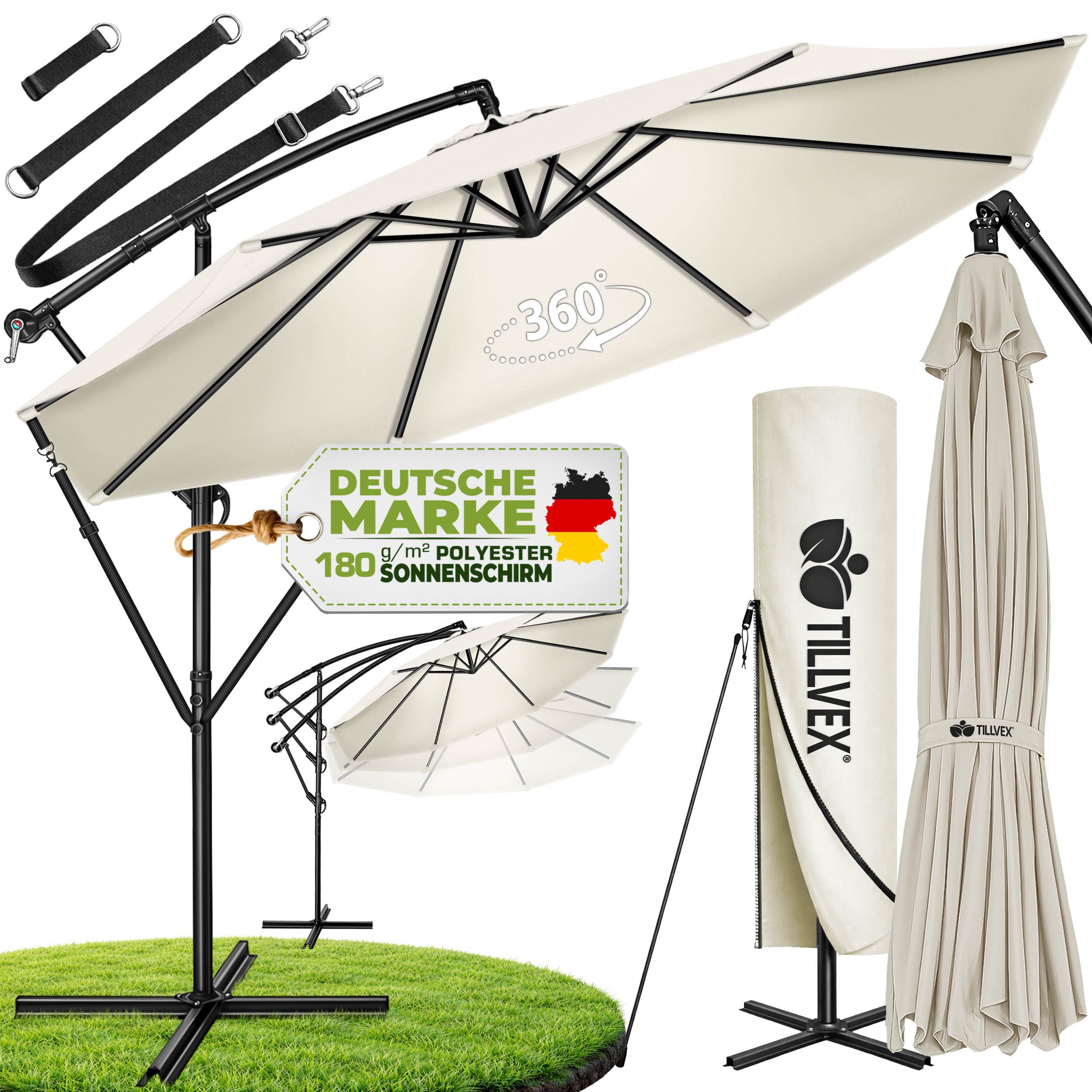 tillvex Sonnenschirm tillvex Sonnenschirm Ø 300 - 350 cm Ampelschirm Gartenschirm Marktschi, Alu Sonnenschirm + Abdeckung Ø 350 cm mit Kurbel, Gartenschirm UV-Schutz Aluminium, Kurbelschirm Marktschirm wasserdicht 360° drehbar