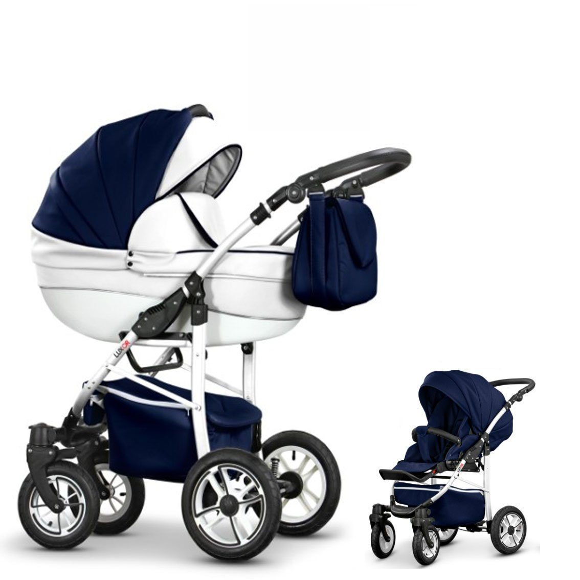babies-on-wheels Kombi-Kinderwagen 2 in 1 ECO Navy-Weiß Kinderwagen-Set in - 16 Farben Cosmo 13 - Kunstleder Teile