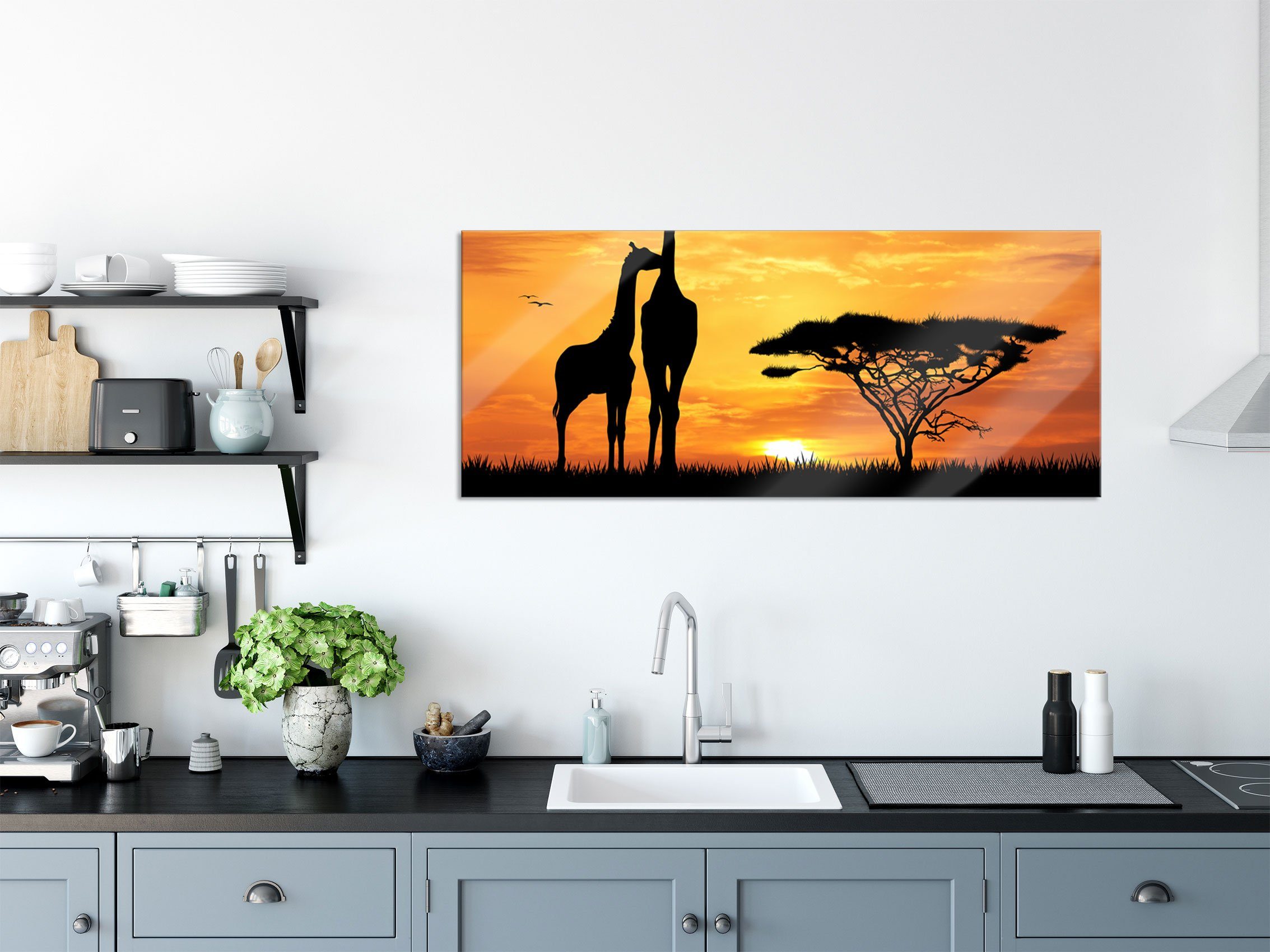 im Giraffen Pixxprint aus inkl. Glasbild im Giraffen Echtglas, St), Sonnenuntergang, (1 Aufhängungen Sonnenuntergang Glasbild und Abstandshalter