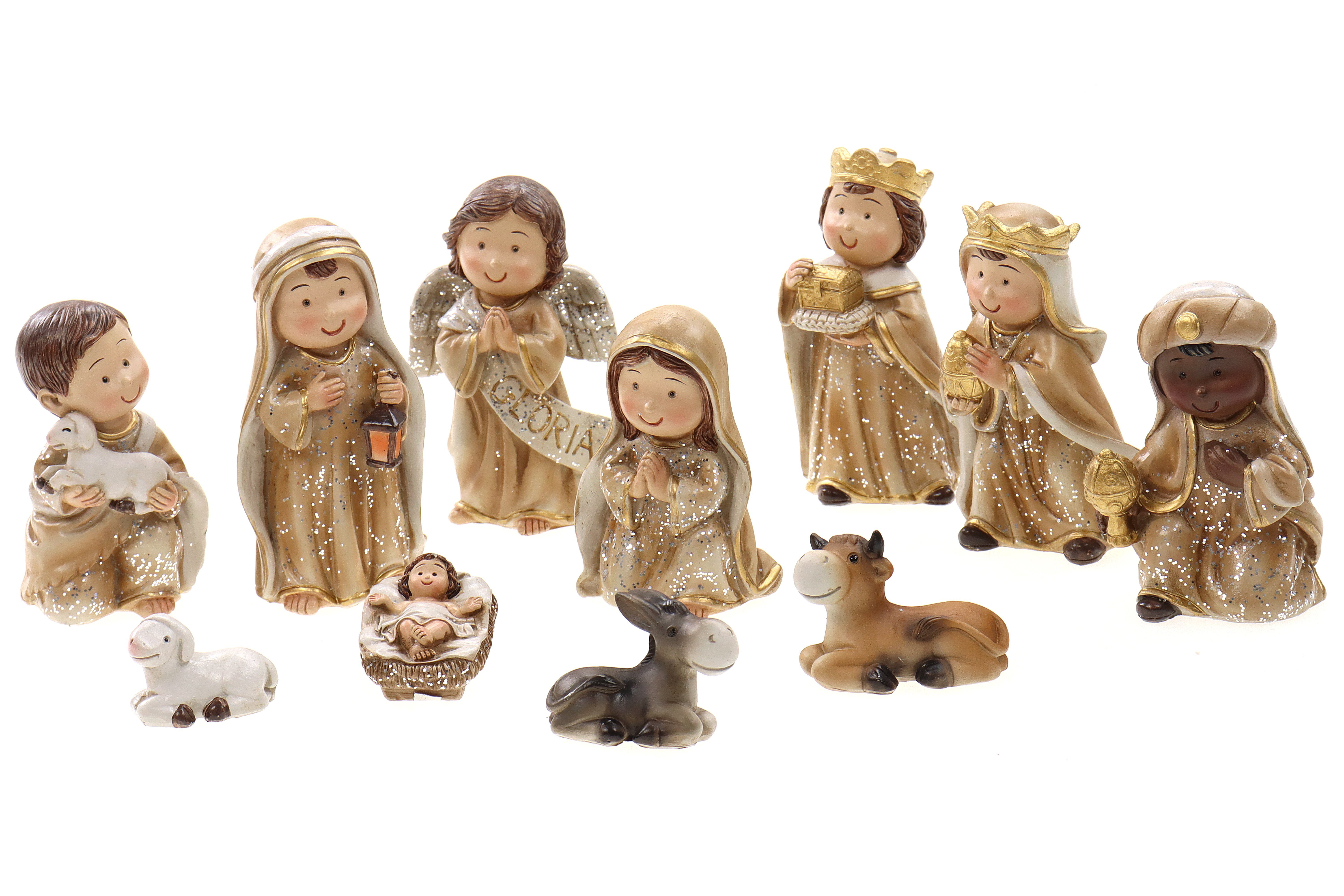 ELLUG Krippenfigur Mini Krippenfiguren Set 11teilig beige braun mit Glitzer (11 St)