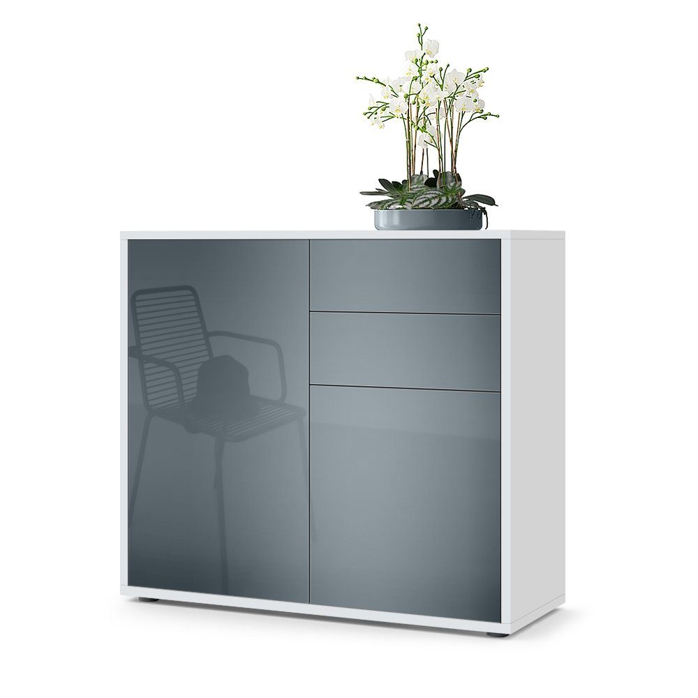 Vladon Kommode Ben V1 (Kommode, mit 2 Türen und 2 Schubladen), Weiß matt/Grau Hochglanz (79 x 74 x 36 cm)
