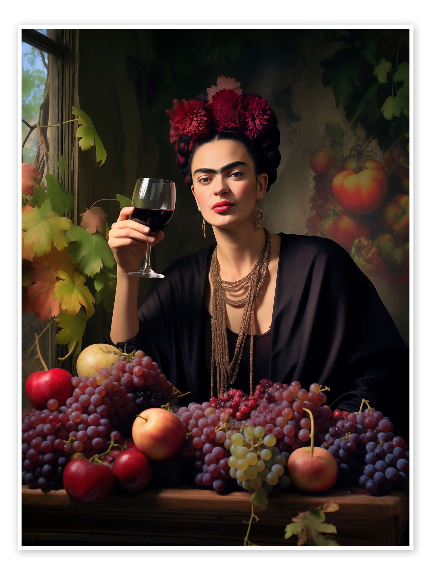 Posterlounge Wandbild Frida Kahlo Porträt mit Weinglas, Frank Daske, erhältlich als Poster, Leinwandbild, Wandsticker oder Acrylglasbild