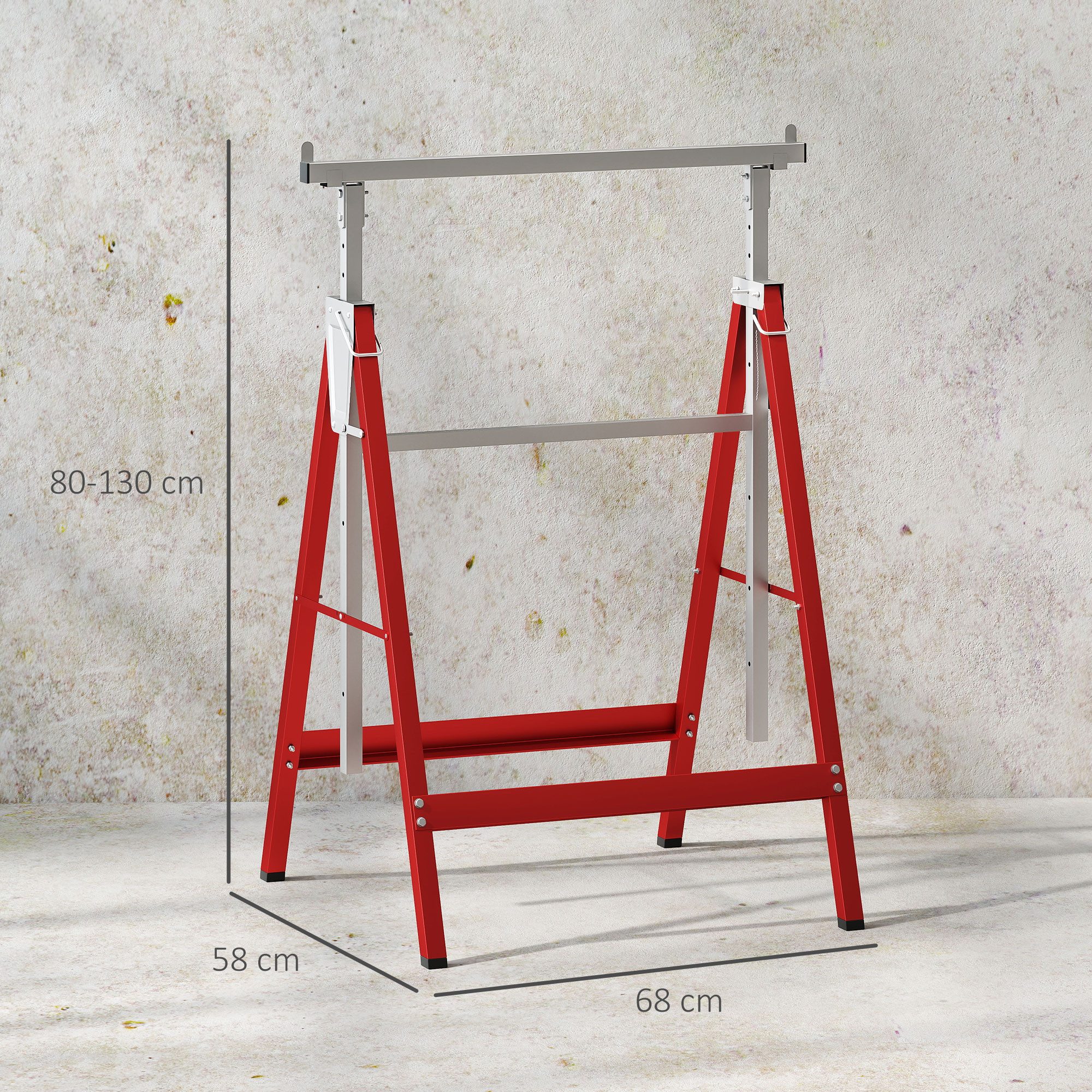 HOMCOM Sägebock 2er Set klappbar höhenverstellbar Gerüstbock Unterstellbock, 200 kg max. Belastbarkeit, 0,7 cm max. Stammdurchmesser, (Arbeitsbock, 2-St., Klappbock), bis 200kg Stahl Rot 68 x 58 x 80-130 cm