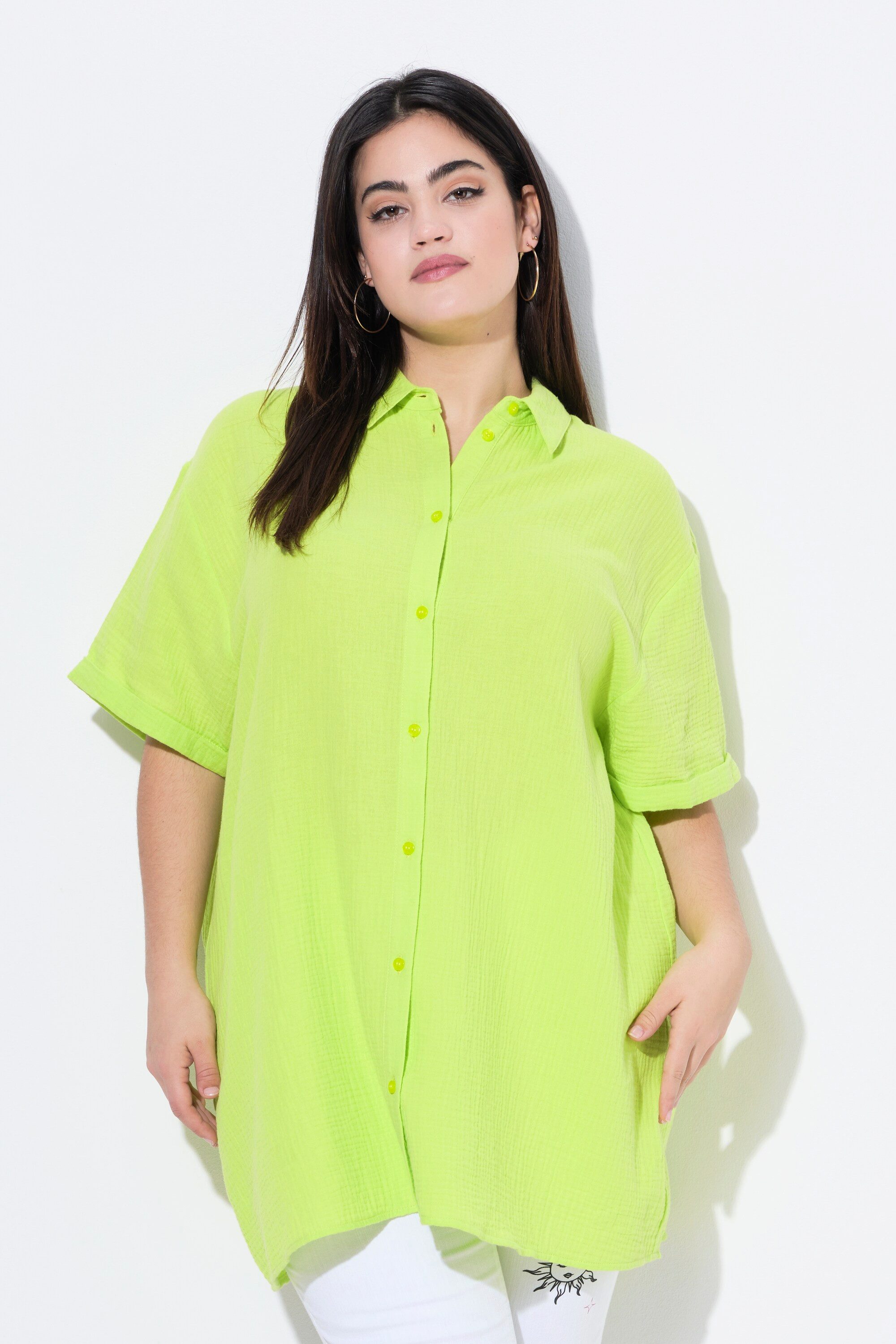 Longbluse Bluse oversized Musselin Auge auf dem Rücken