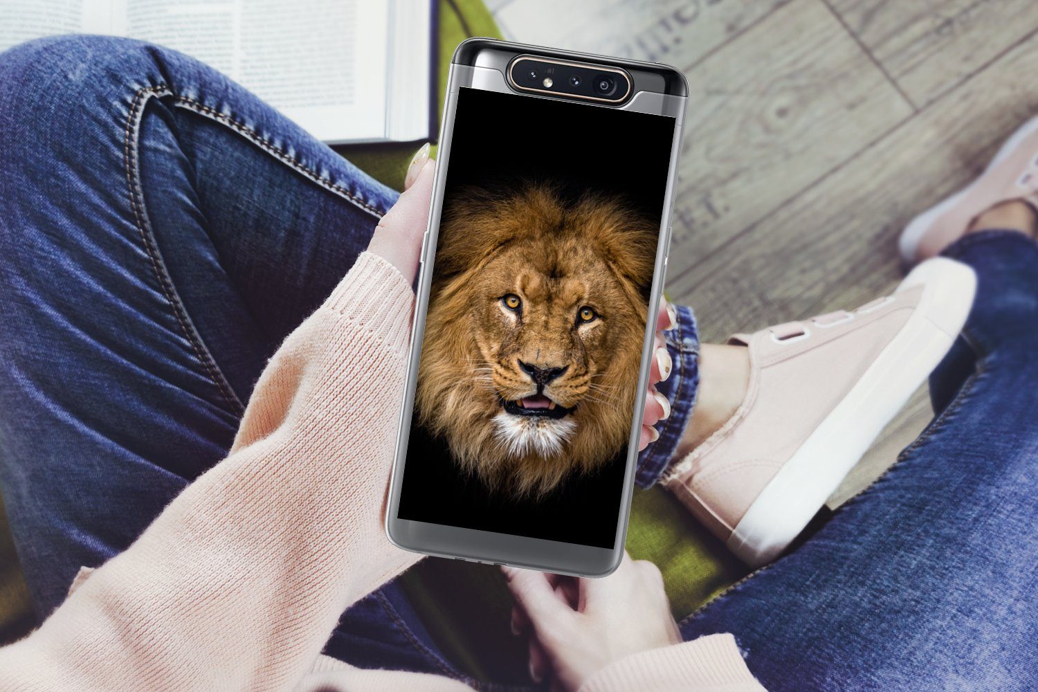 MuchoWow Handyhülle für Samsung Galaxy A80 Löwe - Porträt - Schwarz - Tiere, Phone Case, Silikon, Schutzhülle Dünn