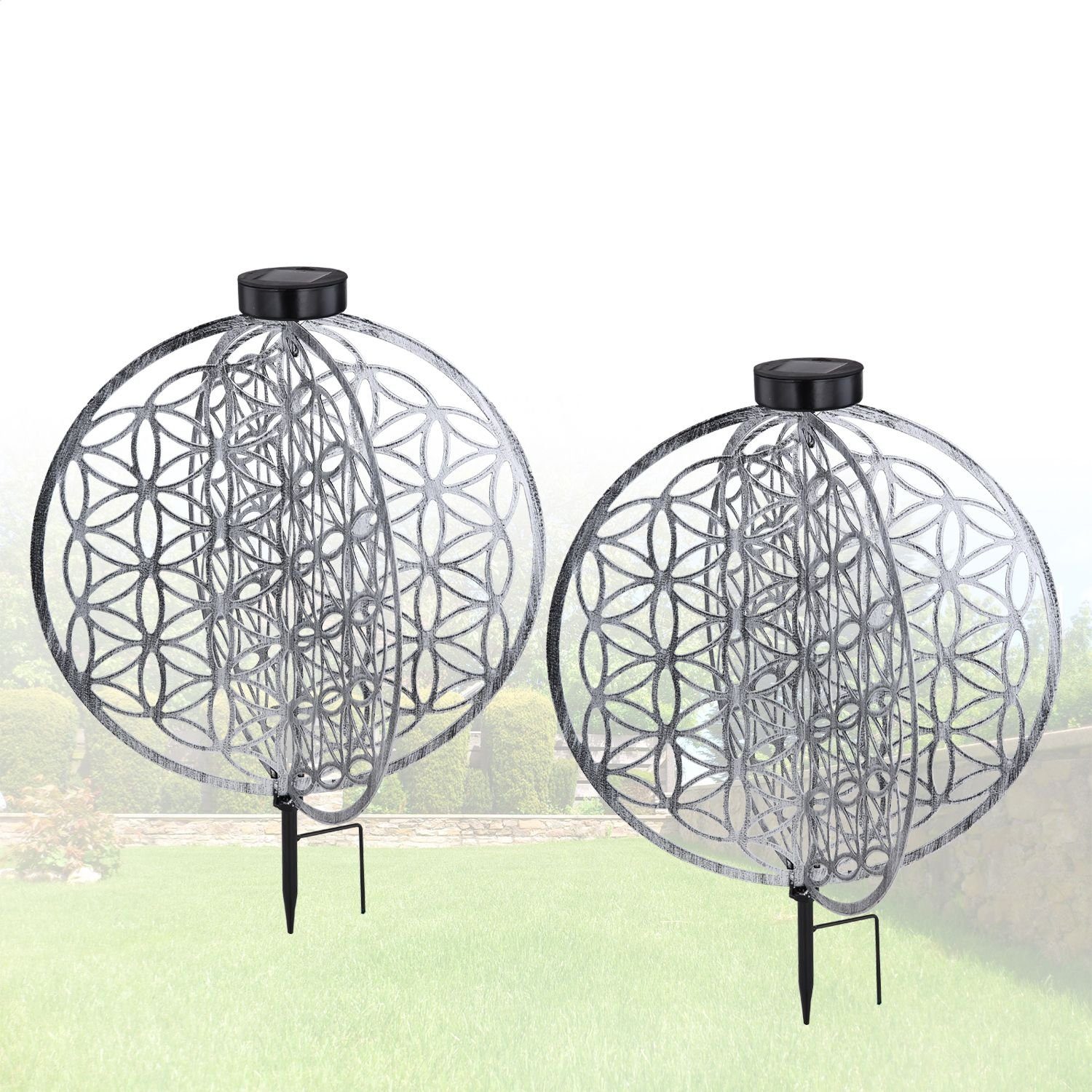bmf-versand LED Solarleuchte Solarleuchte Garten 2er Set Scheibe Rund Solarlampe Außen, mit Schalter, Dekolampe, Gartenleuchte, LED fest integriert, warmweiß, Dekoleuchte