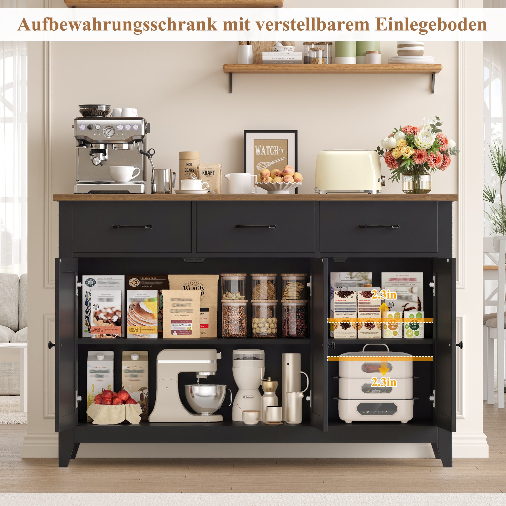 HOMECHO Sideboard, 120 cm Küchenschrank mit verstellbarem Regal, 3 Schubladen