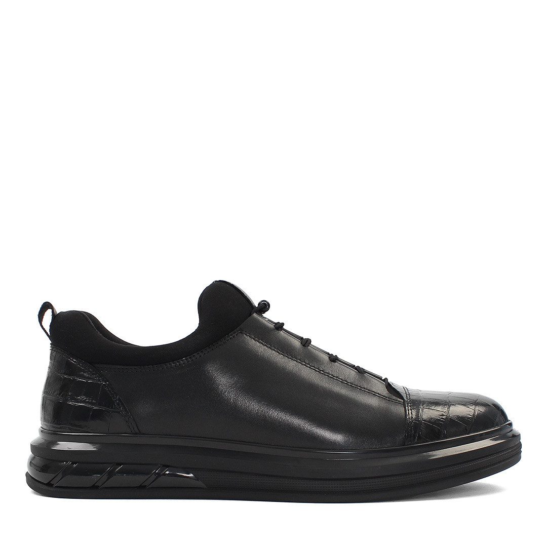 Celal Gültekin Plateausohle Leder Herren Schuhe Elastikschnürung Schwarz Low-Top Sneaker Echtleder, Kroko-Prägung, Schwarz, 43