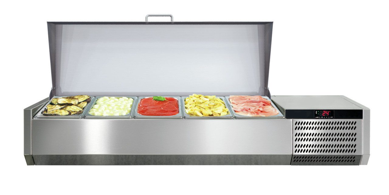 Orange Vitrinenaufsatz Kühlaufsatzvitrine mit Edelstahldeckel 5 x GN 1/3