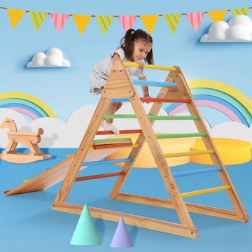 Merax Klettergerüst aus Holz, 4-in-1 Dreieck mit Rutschbahn und Kletterbogen, Kletterdreieck, Erweiterares Sprossendreieck, Kletterwand für Indoor