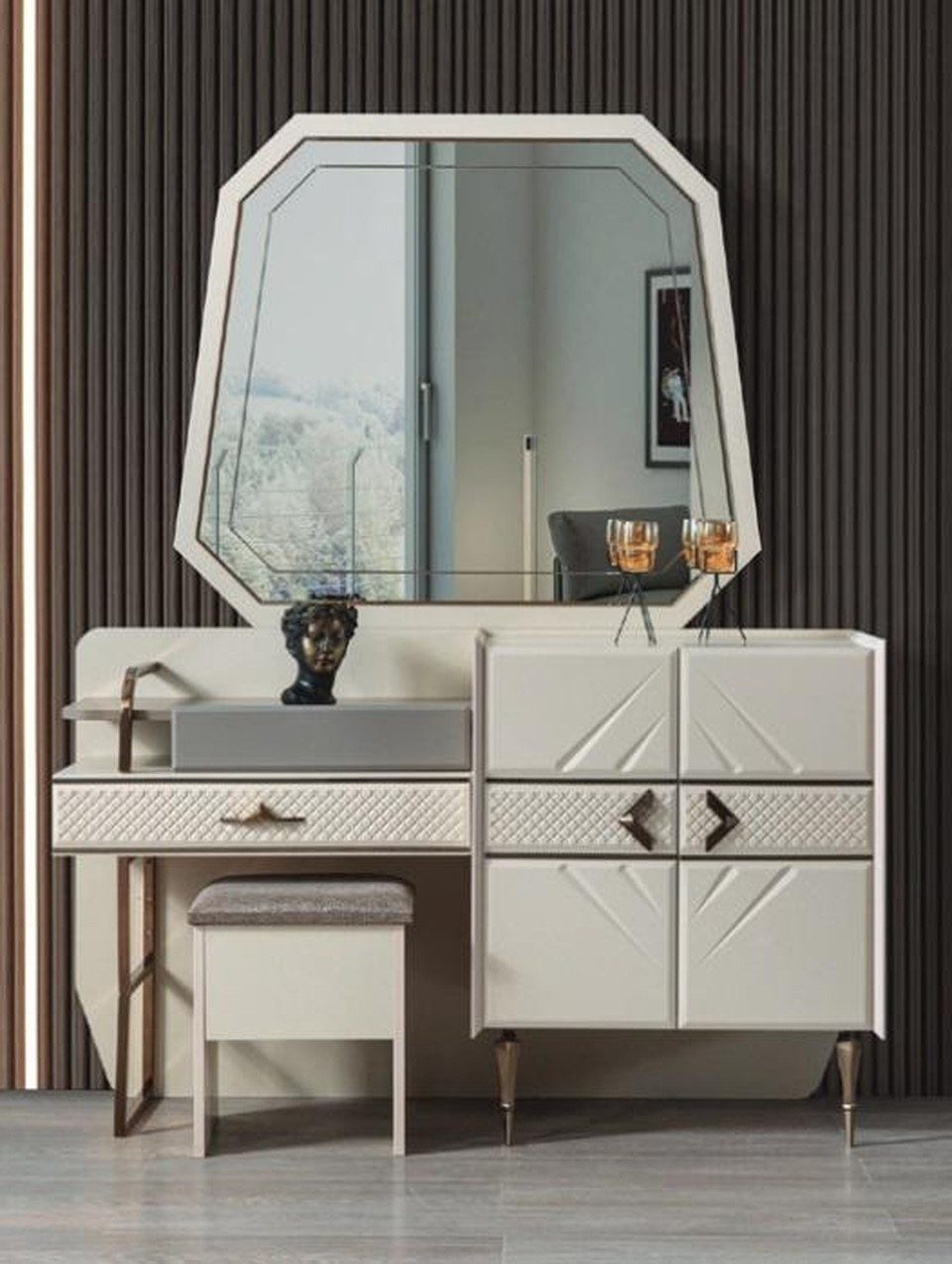 Xlmoebel Schminktisch Weiße Schlafzimmer Garnitur mit Luxus Möbel und Polster Hocker, Made in Europa