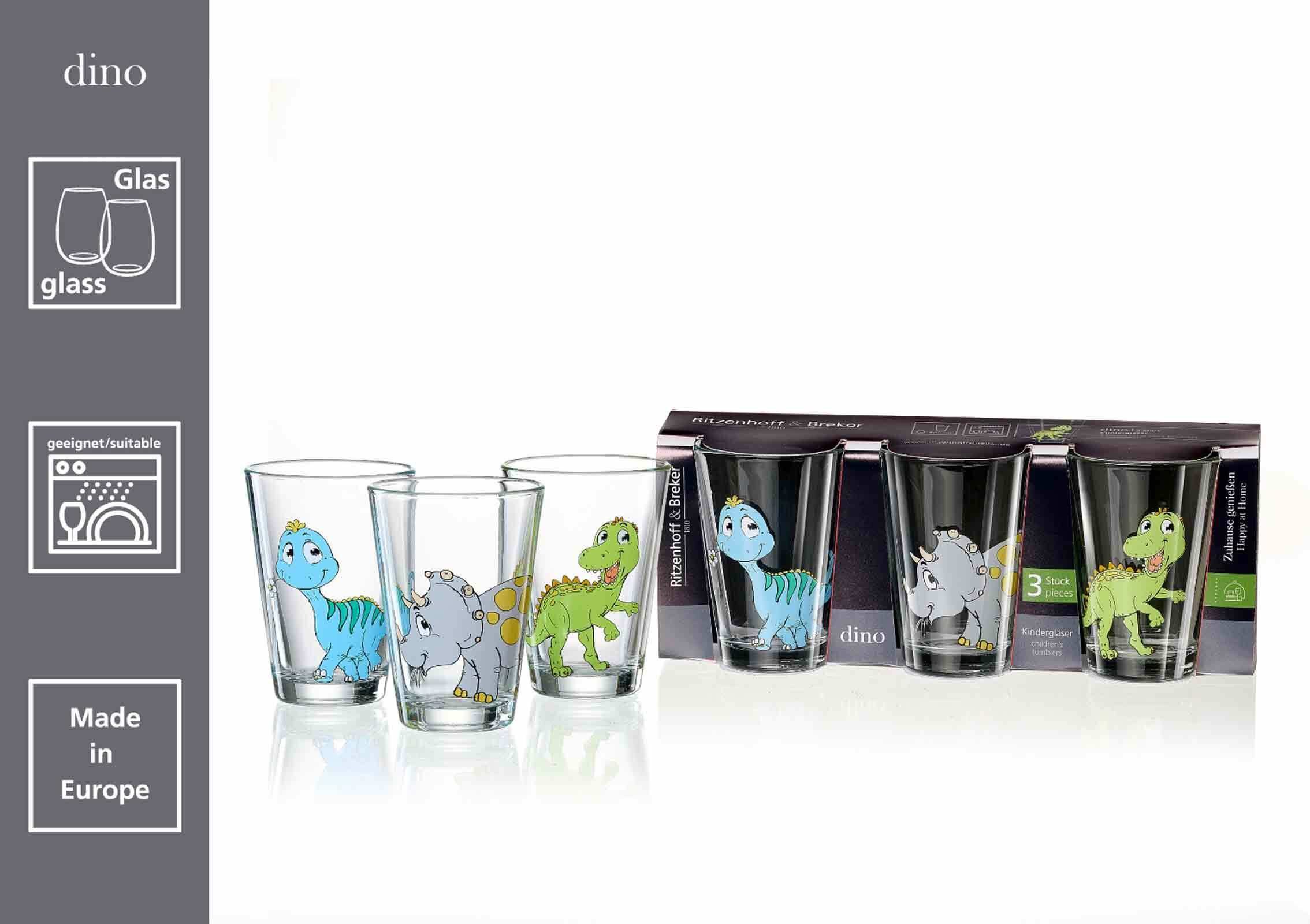 Ritzenhoff & Breker Kinderbecher Dino Kindergläser 200 ml 3er Set, 3-tlg., Glas