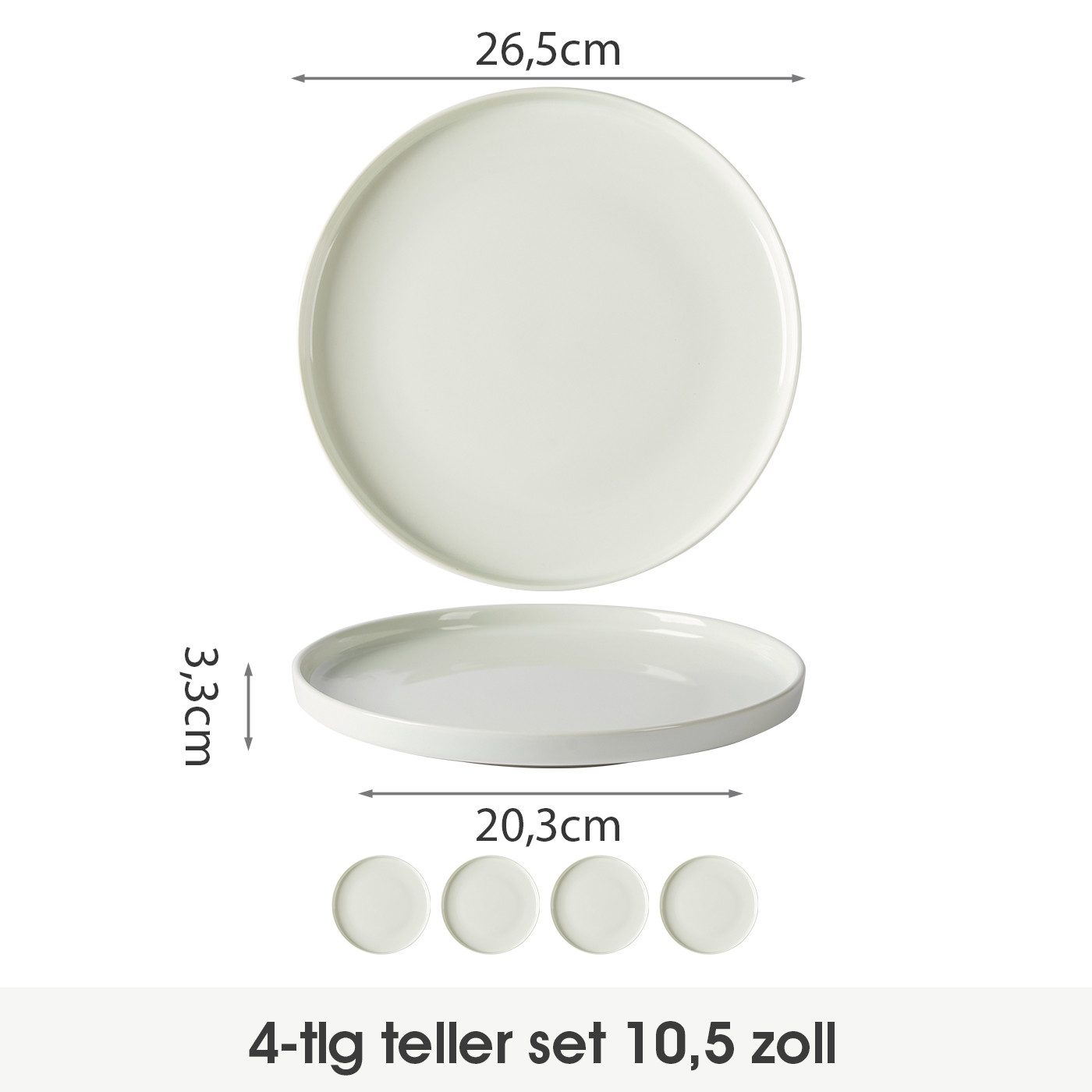 JIWOO Teller 4er Ø26,5cm, Frühstücksteller Salatteller Steakteller Dessertteller, (4 St), Keramik Tellerset Weiß Mikrowellen spülmaschinenfest Ø26,5 cm