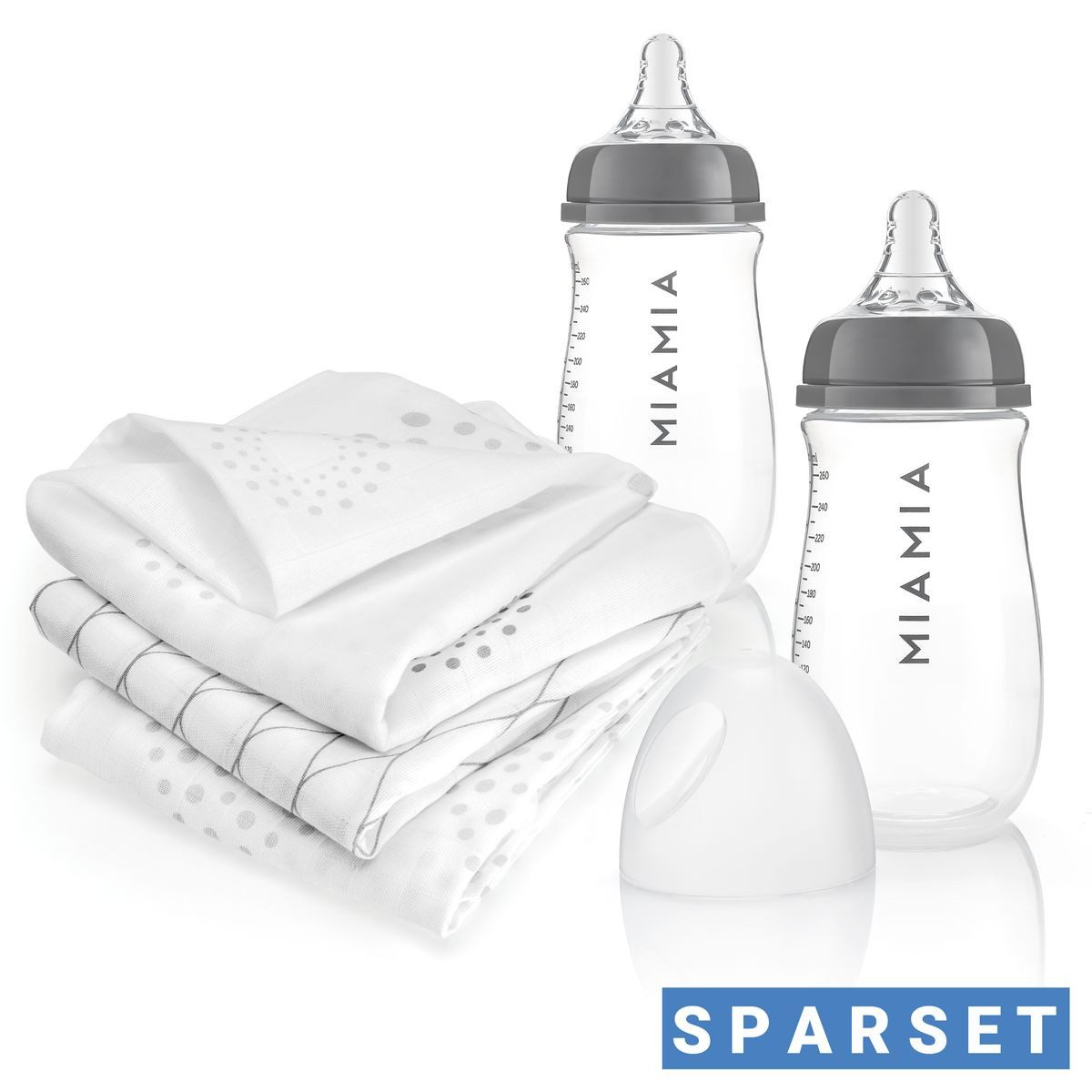 MiaMia Babyflasche PP-Flaschen-Set, Baby Flaschen Set 260 ml mit Silikon-Trinksauger Größe S & Spucktücher