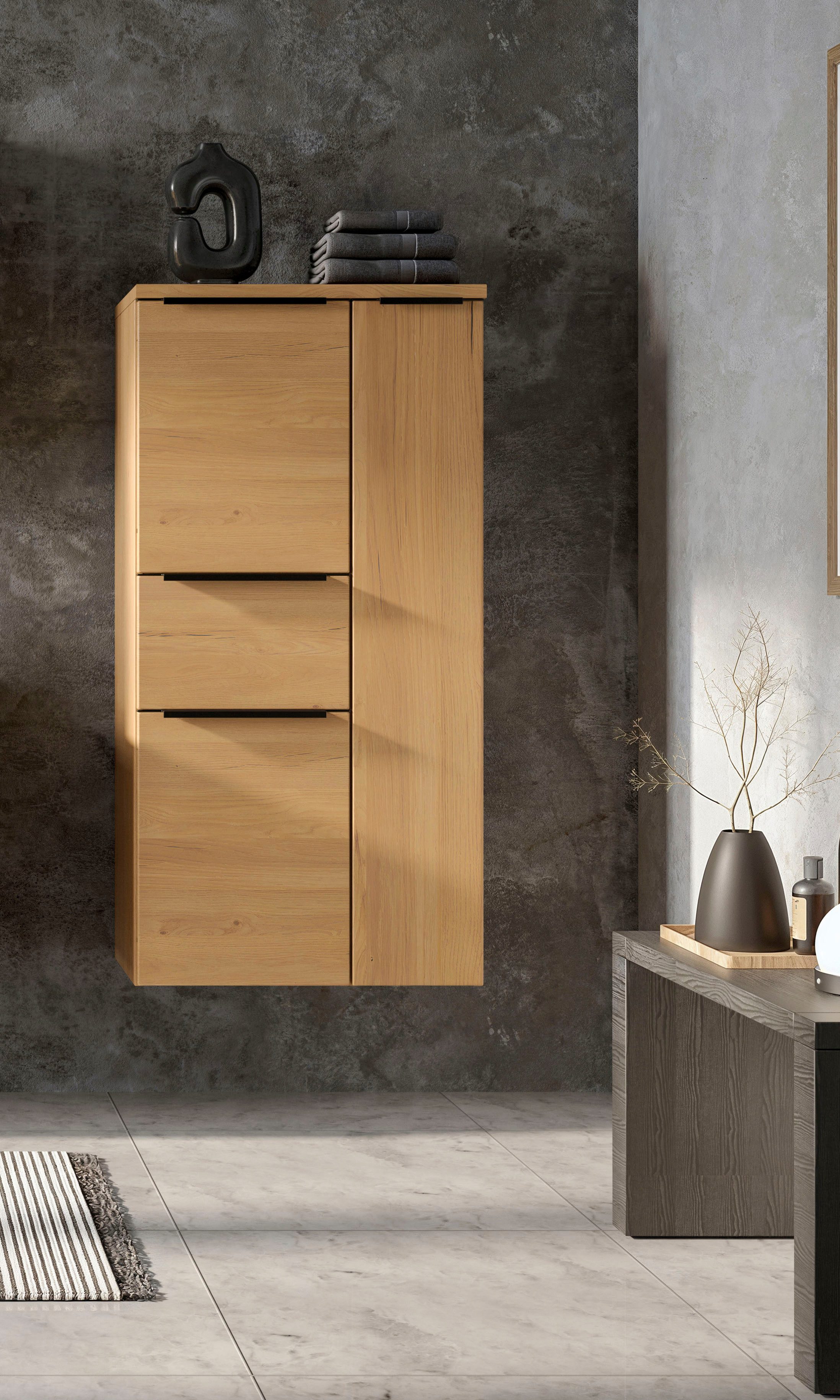 welltime Midischrank MAILAND, Softclose-Auszug, gedämpfte Scharniere, hochwertiges MDF (Maße (B/H/T): ca. 65/130/35 cm) Wildeiche, gedämpfte Scharniere und Softclose-Auszug