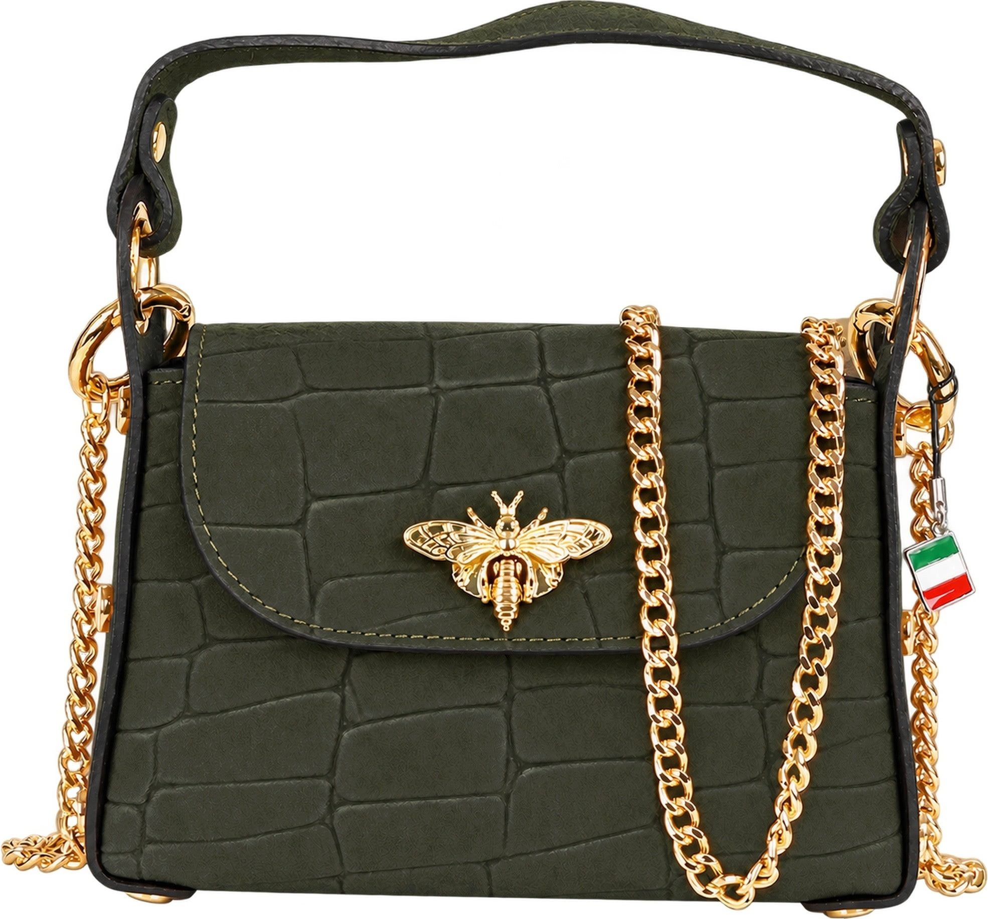 FLORENCE Umhängetasche Florence Biene Damen Handtasche Wildleder (Umhängetasche), Damen Umhängetasche Leder, dunkelgrün ca. 19cm