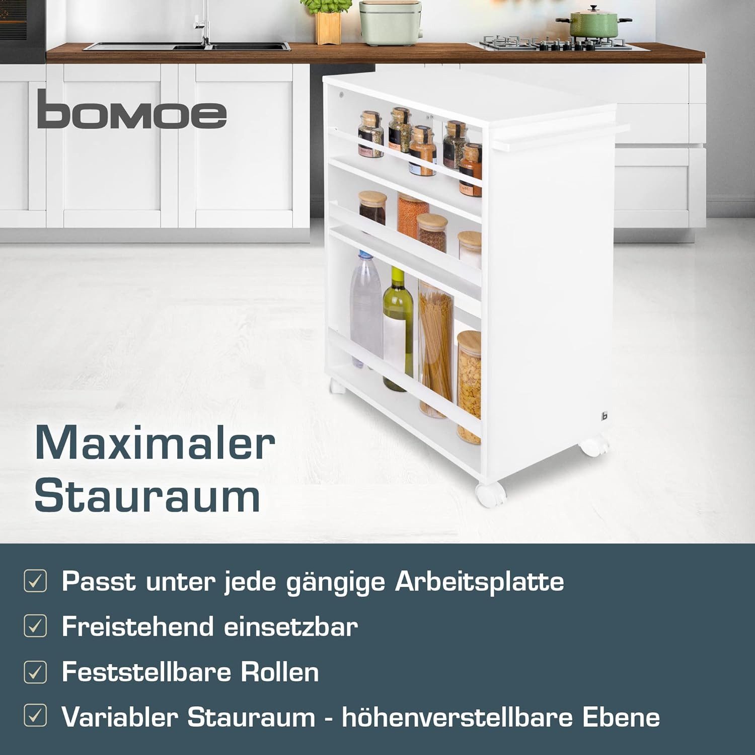 bomoe Rollwagen Nischenwagen Servierwagen auf Rollen mit 3 Bengt, 50x38x79cm, Weiß, 3 verstellbare Ebenen & Holz Küchenwagen mit Arbeitsplatte – Bild 5 von 5