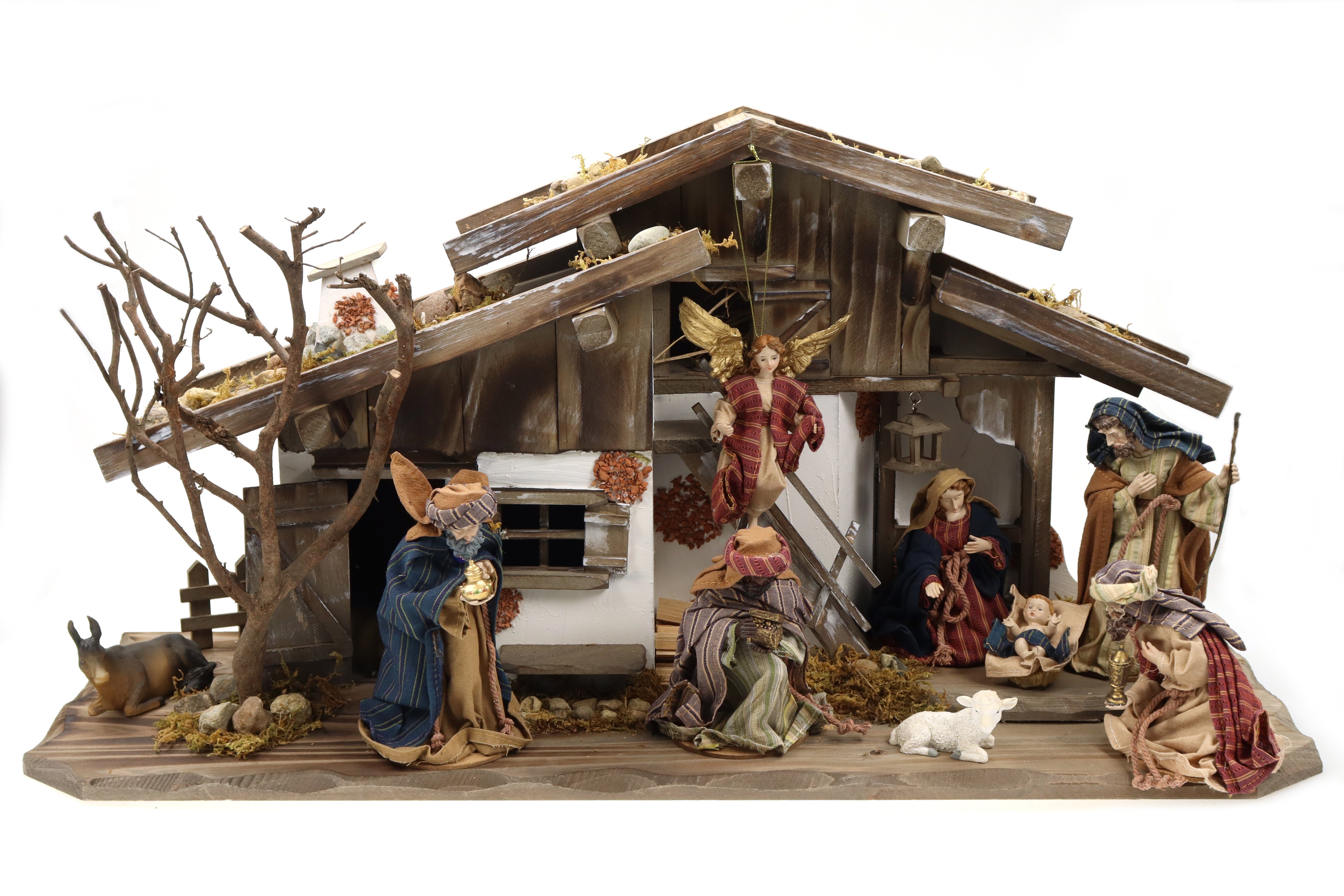 ELLUG Krippe großer Krippenstall, Weihnachtskrippe aus Holz 71*24*35cm (MIT Krippenfiguren) (11-tlg), aus Holz, zehn Figuren mit Stoffkleidern