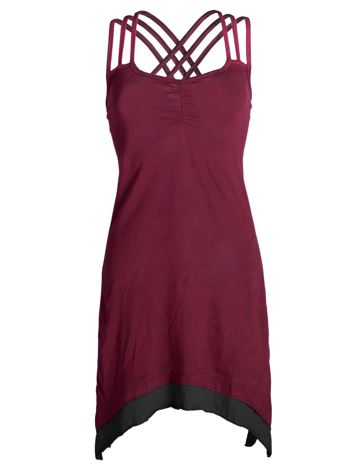Vishes Sommerkleid Lagenlook Trägerkleid Organic Cotton mit Zipfeln Elfen, Hippie, Boho Style dunkelrot