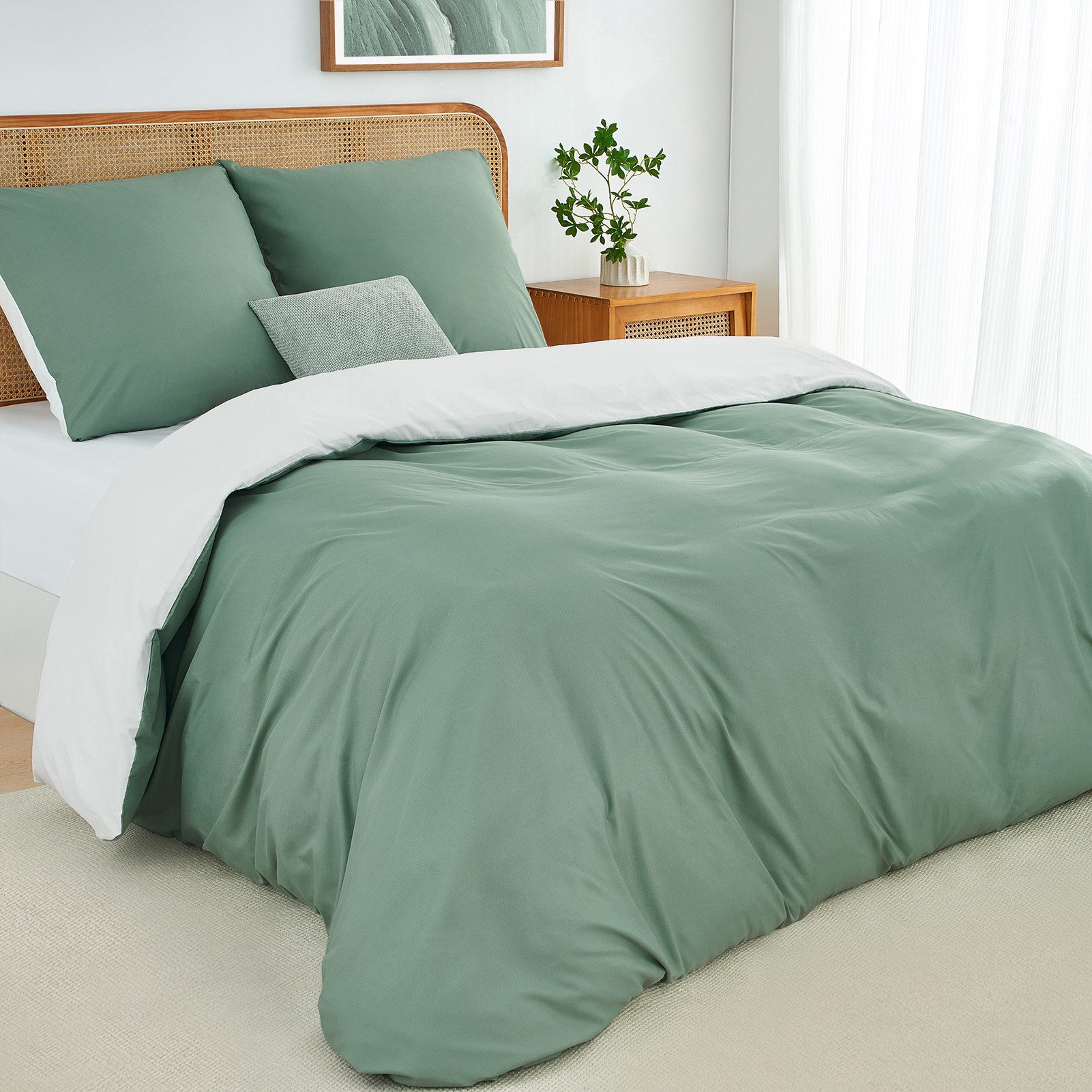 Topfinel Bettwäsche 135x200cm 4 teilig winterbettwäsche mit reißverschluss bügelfrei wärm, satin, 2 teilig, kühlende bettwäsche 135 x 200 Salbeigrün Weiß wendebettwäsche boho