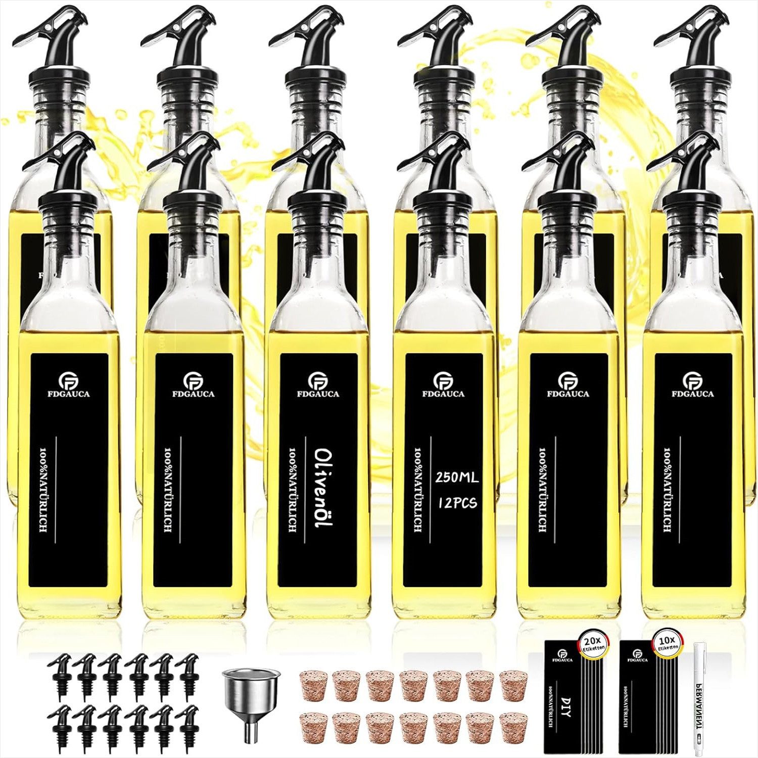Ölspender 12 Stück Ölflasche mit Ausgießer, 250ml Essig und Ölflaschen Set