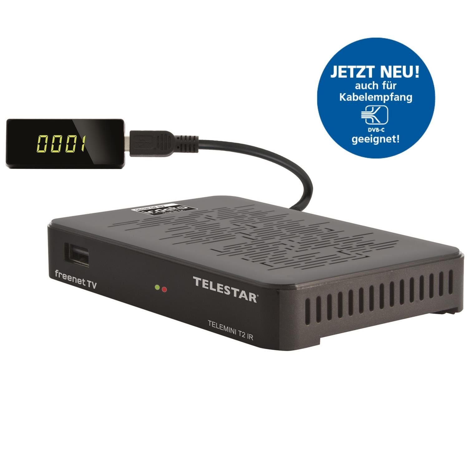 TELESTAR TELEMINI T2 IR DVB-T2/DVB-C Receiver inkl. 3 Monate freenet Kabel-Receiver (LAN (Ethernet), für versteckte Installation - LED-Display mit Anschlusskabel)