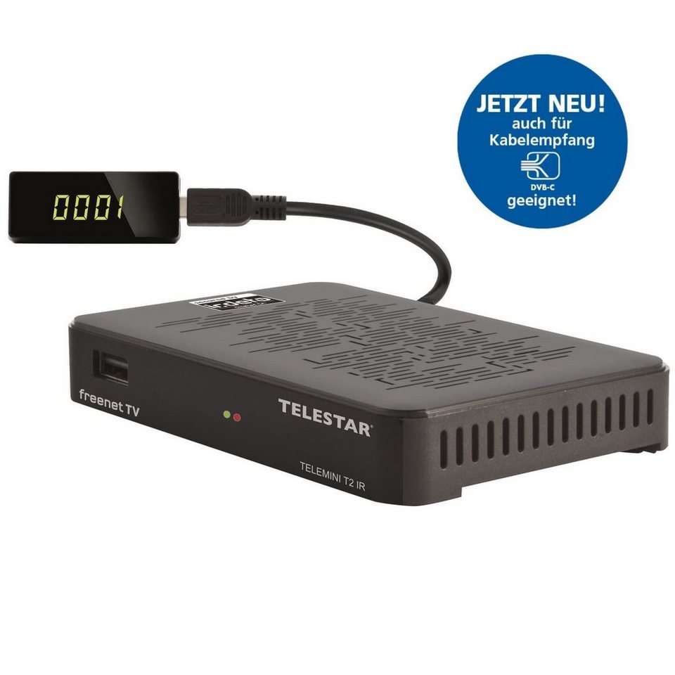 TELESTAR TELEMINI T2 IR DVB-T2/DVB-C Receiver inkl. 3 Monate freenet Kabel- Receiver (LAN (Ethernet), für versteckte Installation - LED-Display mit  Anschlusskabel)