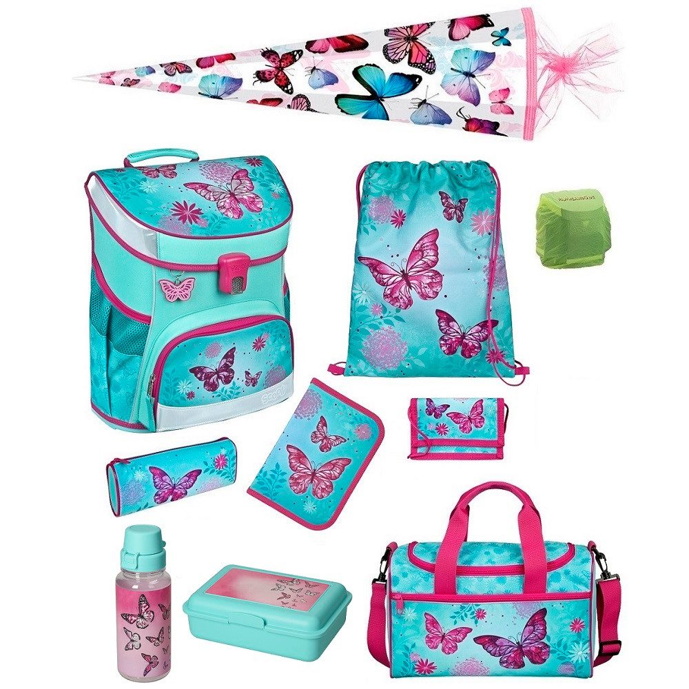 Scooli Schulranzen Campus Fit (Set, 10-tlg., inkl. Sporttasche und Schultüte / Zuckertüte 85cm), BUTTERFLY Schmetterlinge Pink