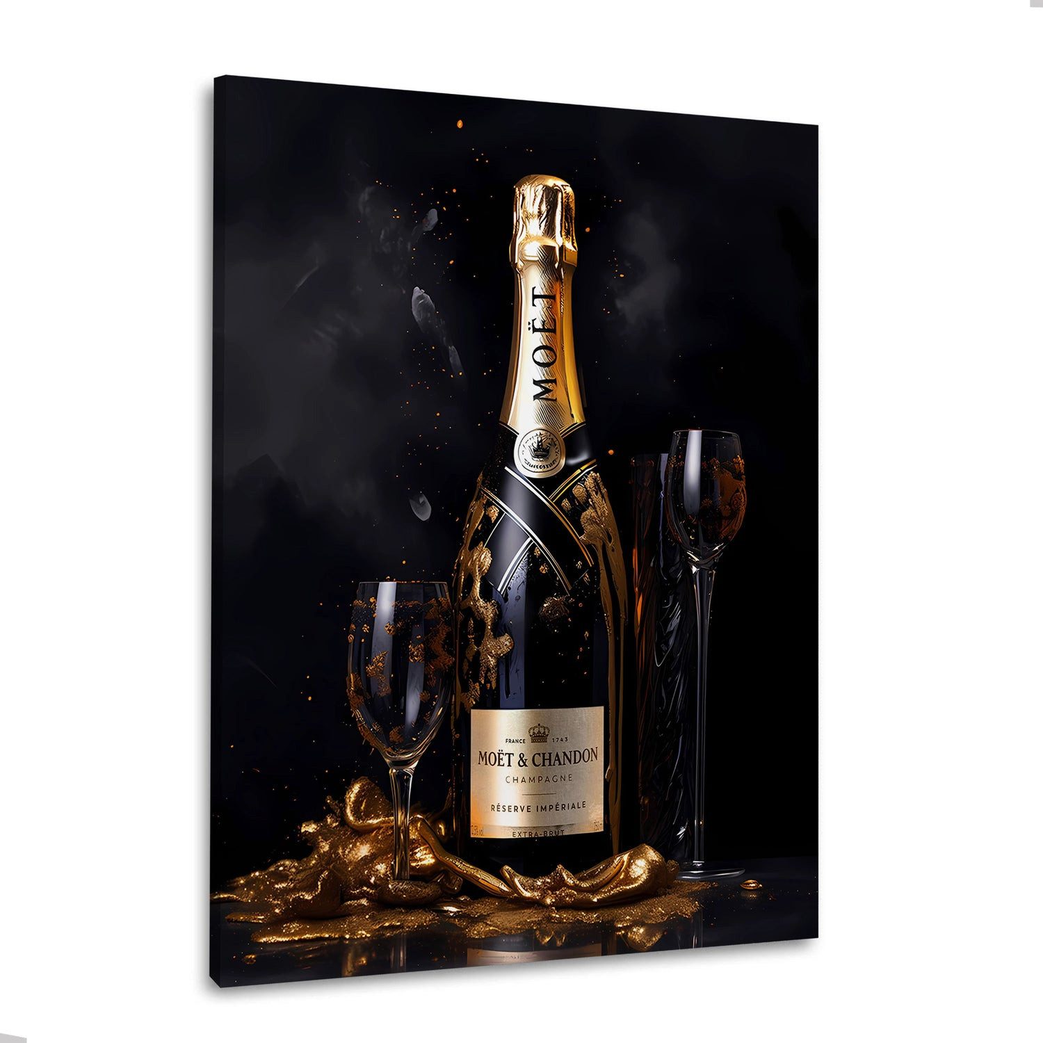 Artedinoi Leinwandbild Champagner Flasche Gold Luxus Leinwandbild Wandbild Kunstdruck XL Deko, Goldene Champagnerflasche