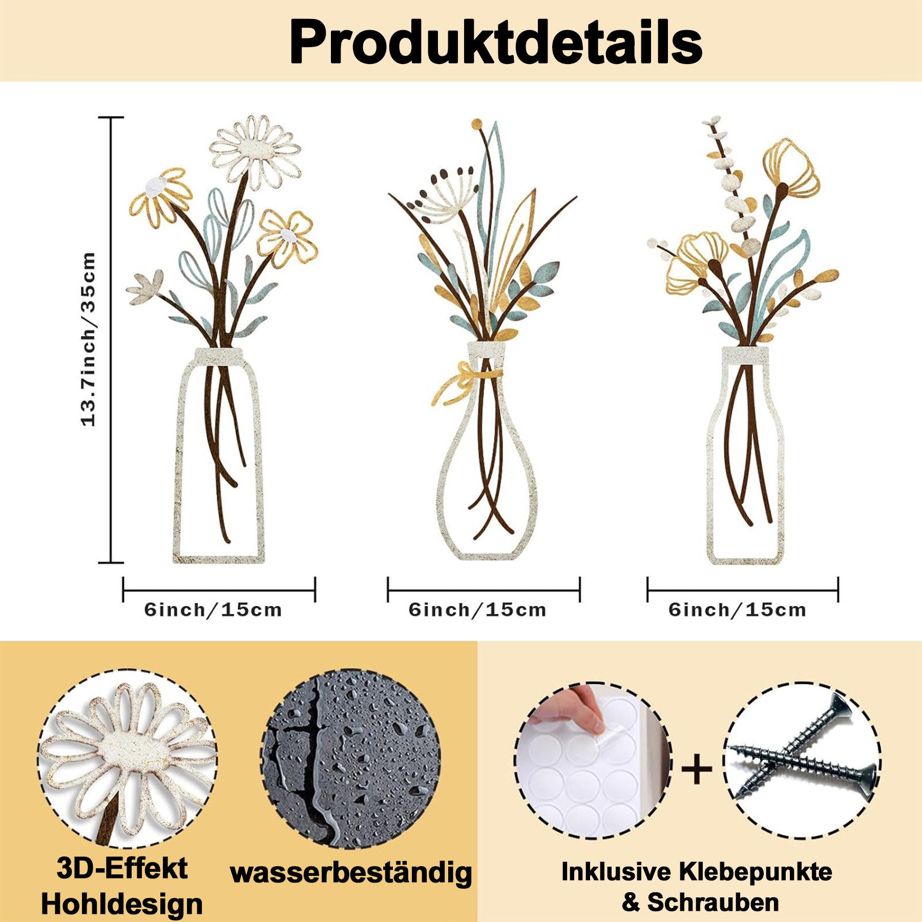 Mutig Wanddekoobjekt 3 Stück Metall Blumen Wanddekoration, Bunte Metall Blumen Wandskulptur (Minimalistische Vase Wandkunst, 35 x 15 cm), für Terrasse Wohnzimmer Badezimmer Schlafzimmer Esszimmer Dekorationen