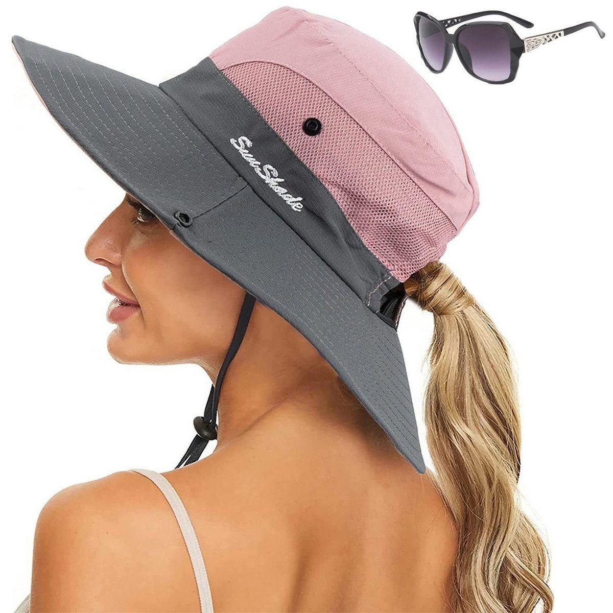 Kraftverdia Sonnenhut Damen Sonnenhut UPF 50+ Faltbar mit Pferdeschwanz-Öffnung Sonnenbrille