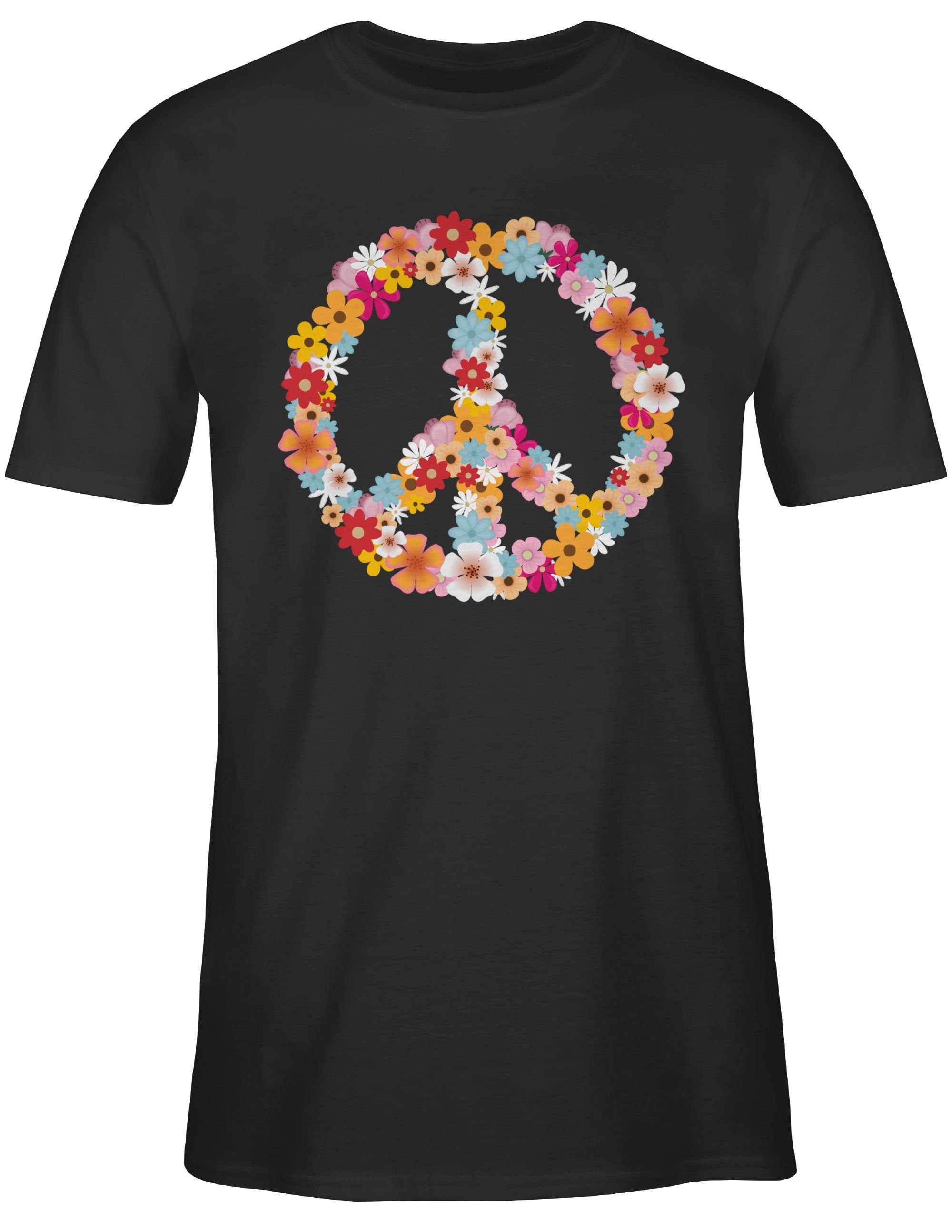 Schwarz 90er Peace Shirtracer Zeichen Statement 70er - Power Peace Friedenszeichen Sprüche 01 Flower T-Shirt Hippie