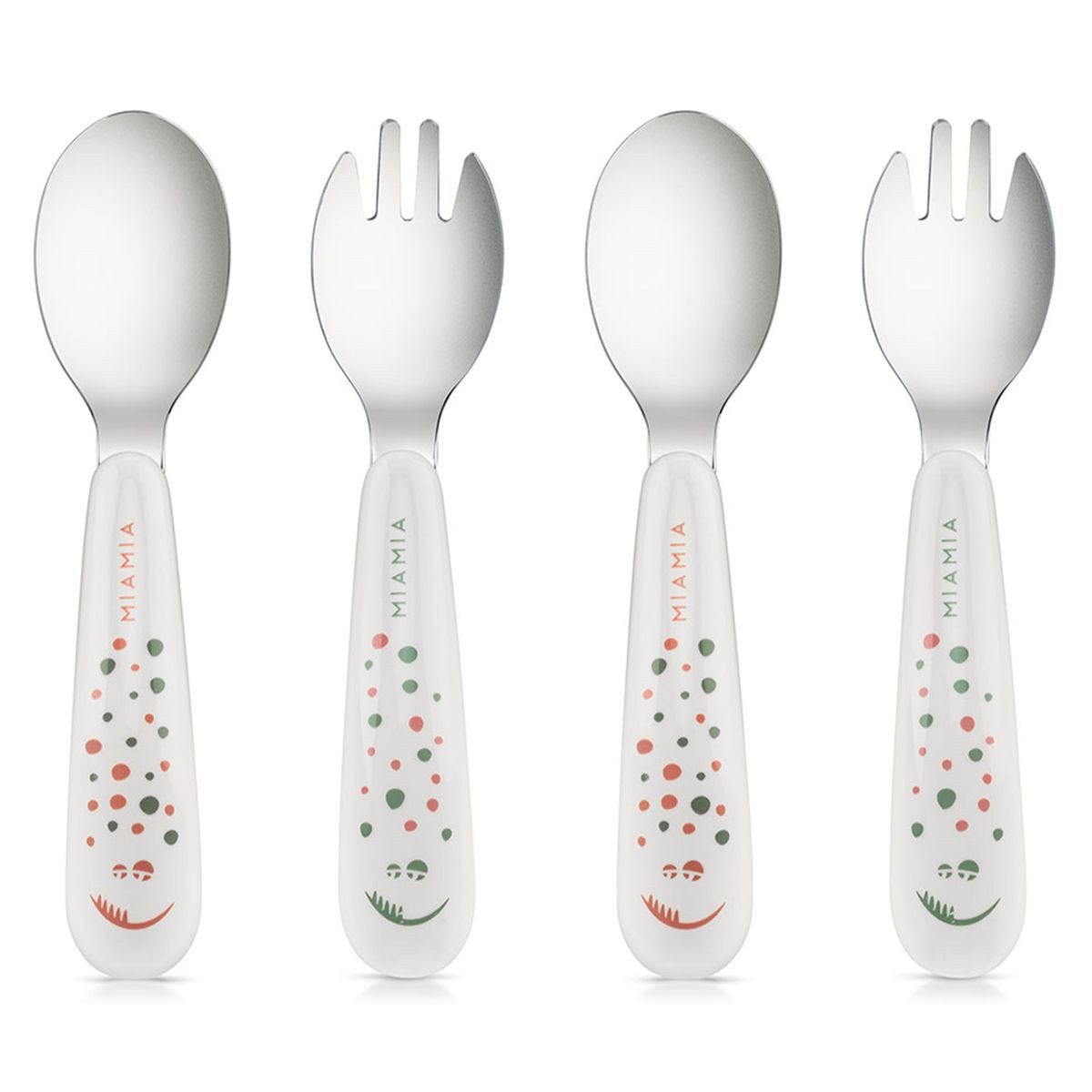 MiaMia Kinderbesteck Punkte - Weiß (4-tlg), 1 Personen, Edelstahl 18/10 / Kunststoff PP, Kinder & Baby Besteck Set 4 tlg. Babybesteck mit ergonomsichen Griffen