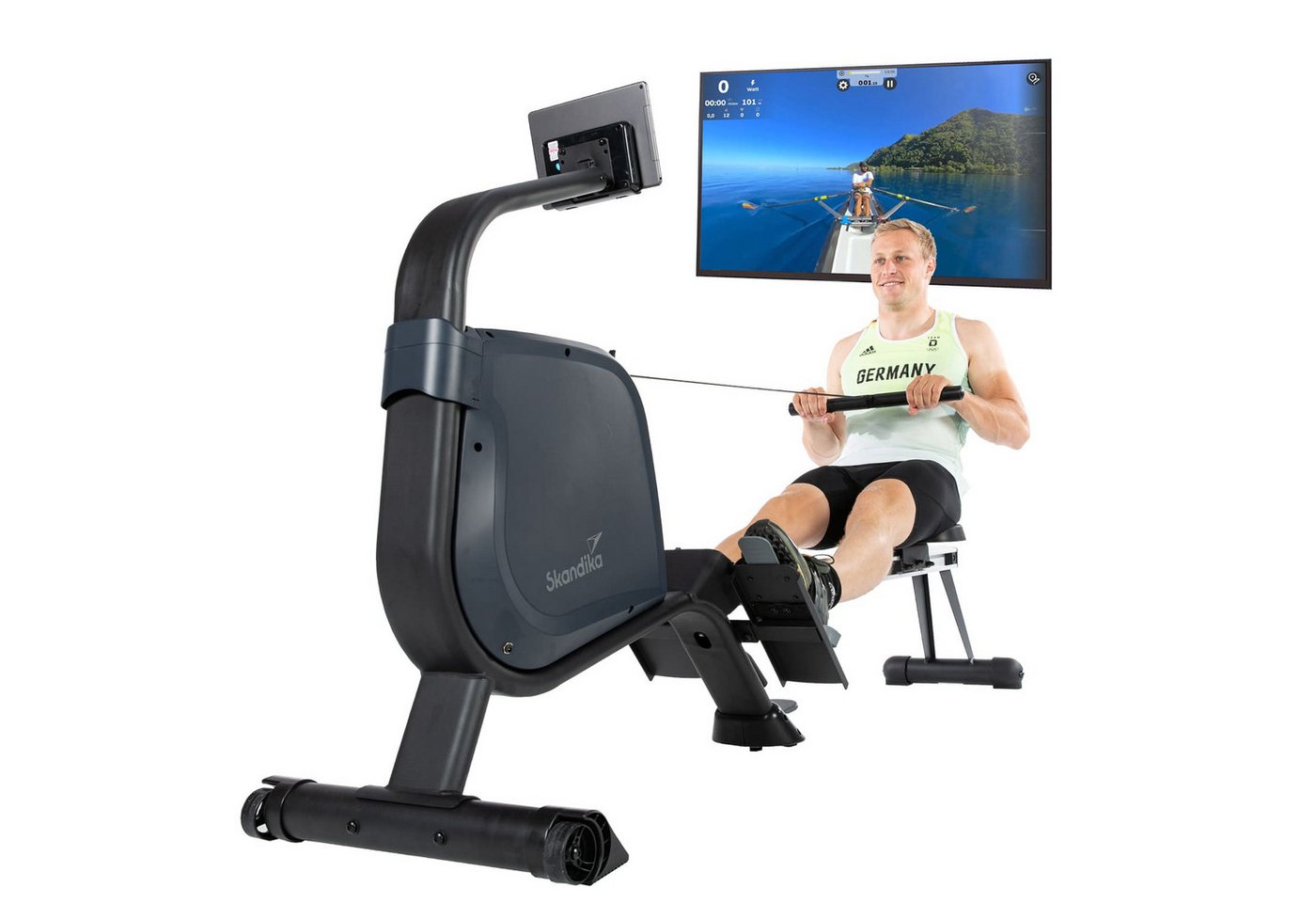 Skandika Rudergerät Njord Ruderergometer mit 16 Stufen, Studioqualität, für Zuhause (Laufschienen-Länge 128 cm, Transportrollen, Max. Körpergröße 195 cm), klappbar, 8 kg Schwungmassensystem, max. 180 kg, Kinomap, Bluetooth