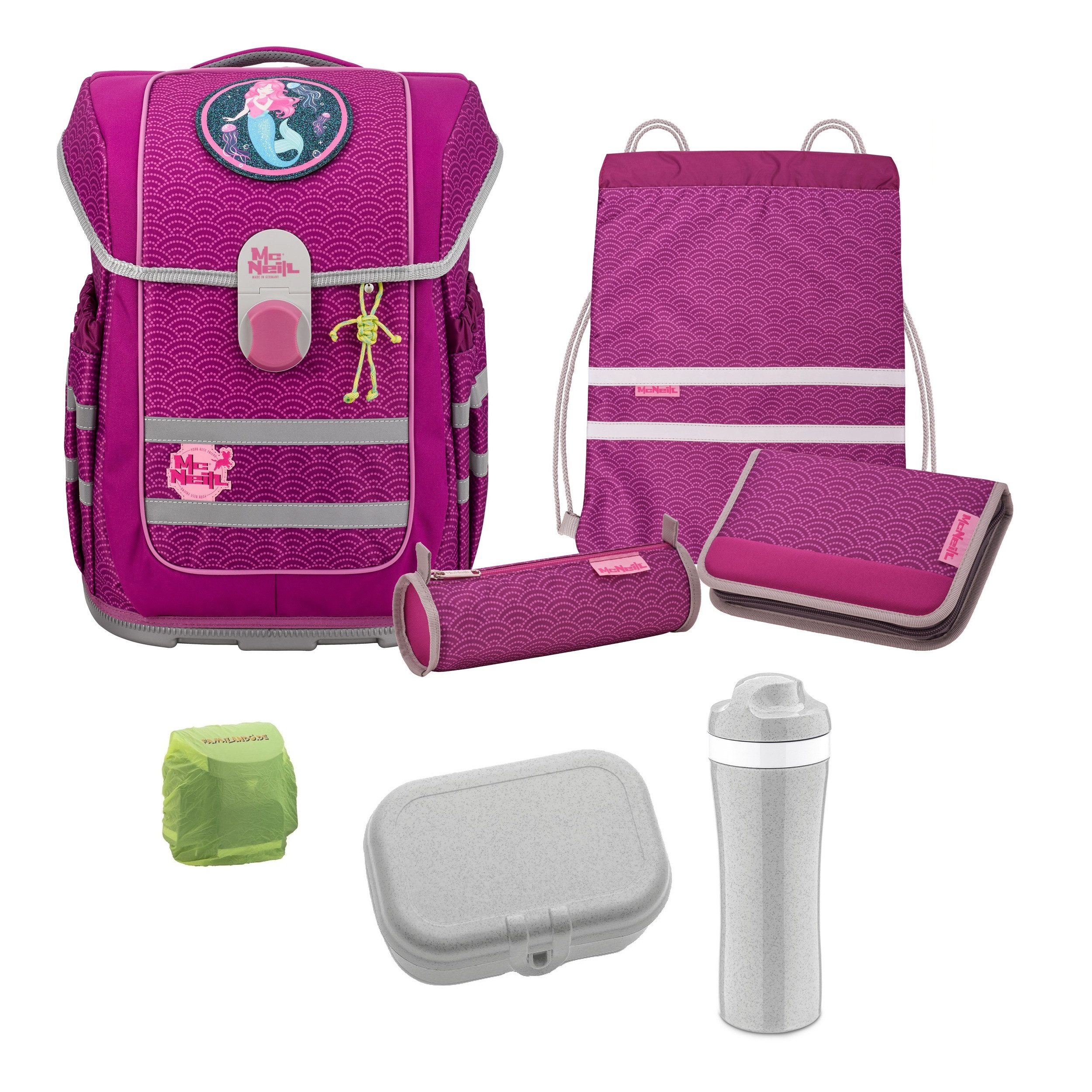 McNeill Ранцы McOcean PUNTOPINK Schultasche 1. bis 4. Klasse (Set, 8-tlg., inkl. Federmäppchen, Brotdose und Trinkflasche), ergonomischer Tornister für Mädchen Meerjungfrau Mermaid Pink