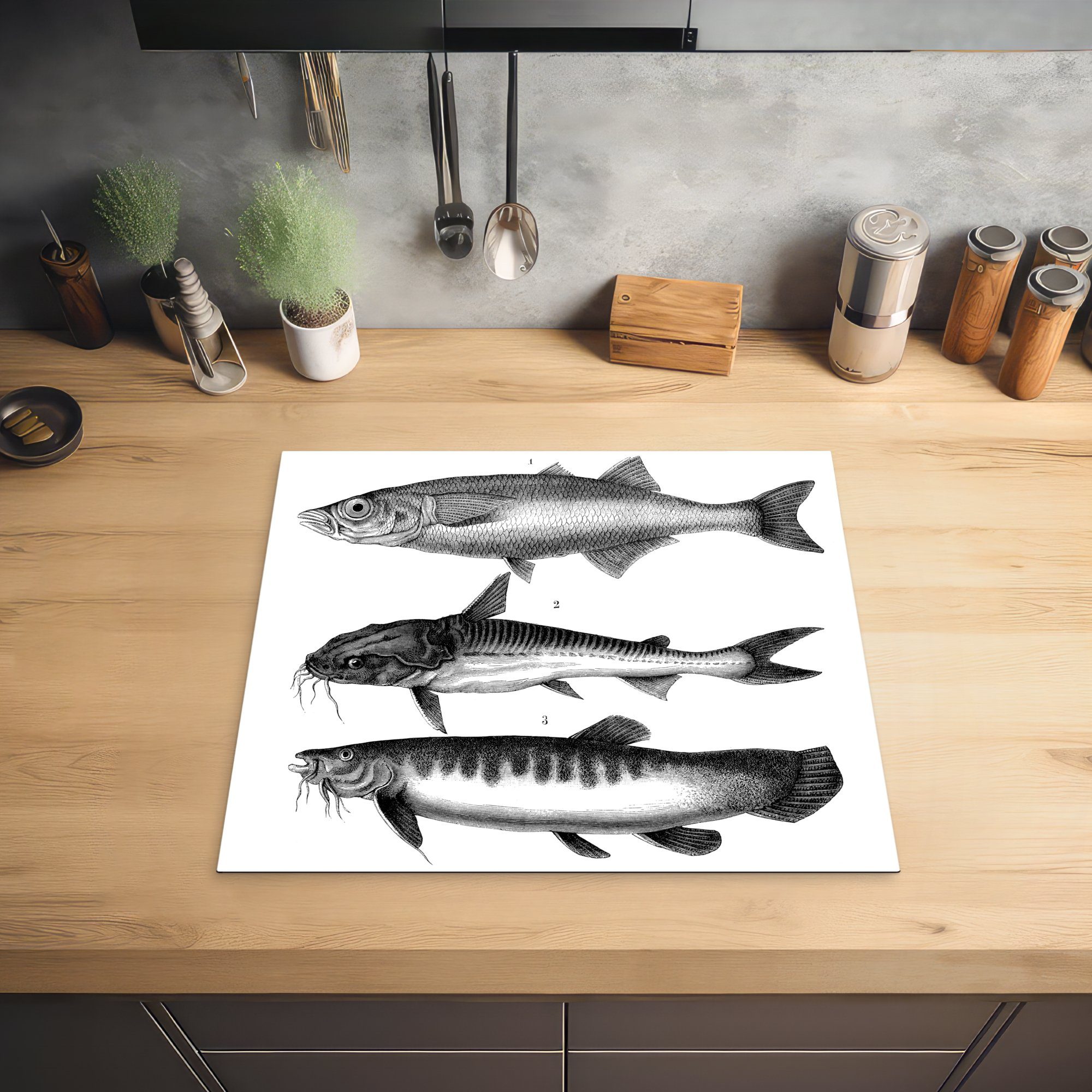 MuchoWow Herdblende-/Abdeckplatte Eine Fischen, Ceranfeldabdeckung von 59x52 (1 küche, drei cm, die für Vinyl, Induktionsmatte Illustration tlg), schwarz-weiße