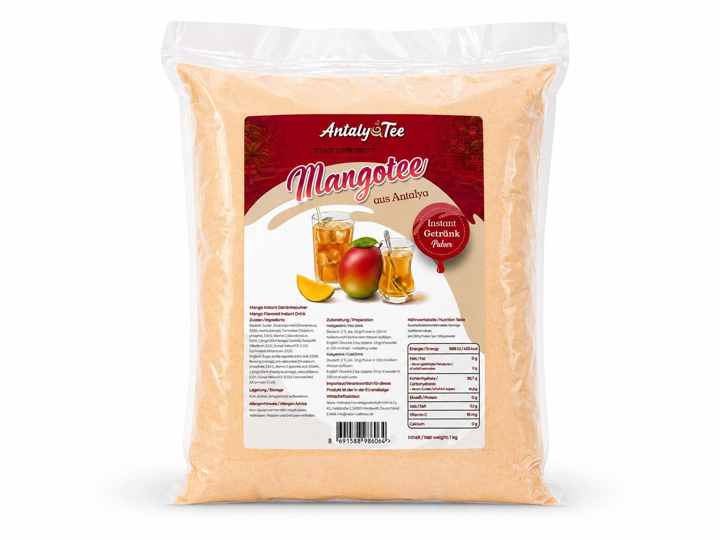 Tee Mango Instant Getränkepulver 1 kg – türkischer Tee aus Antalya, schnell löslich, feines Pulver