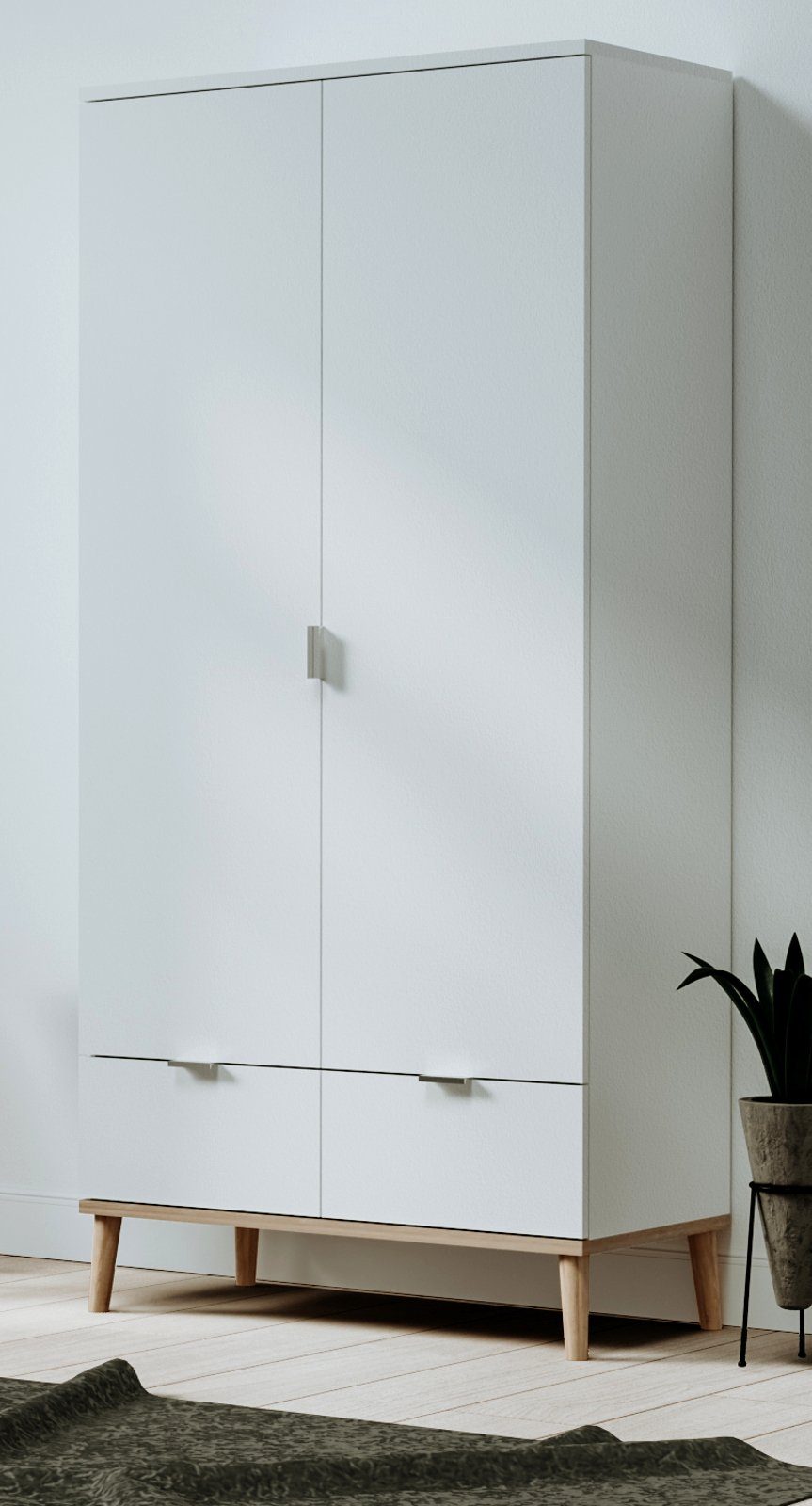 Finori Kleiderschrank Göteborg (Mehrzweckschrank 80x190 cm, weiß matt lackiert) mit Chromgriffen, mit Massivholz
