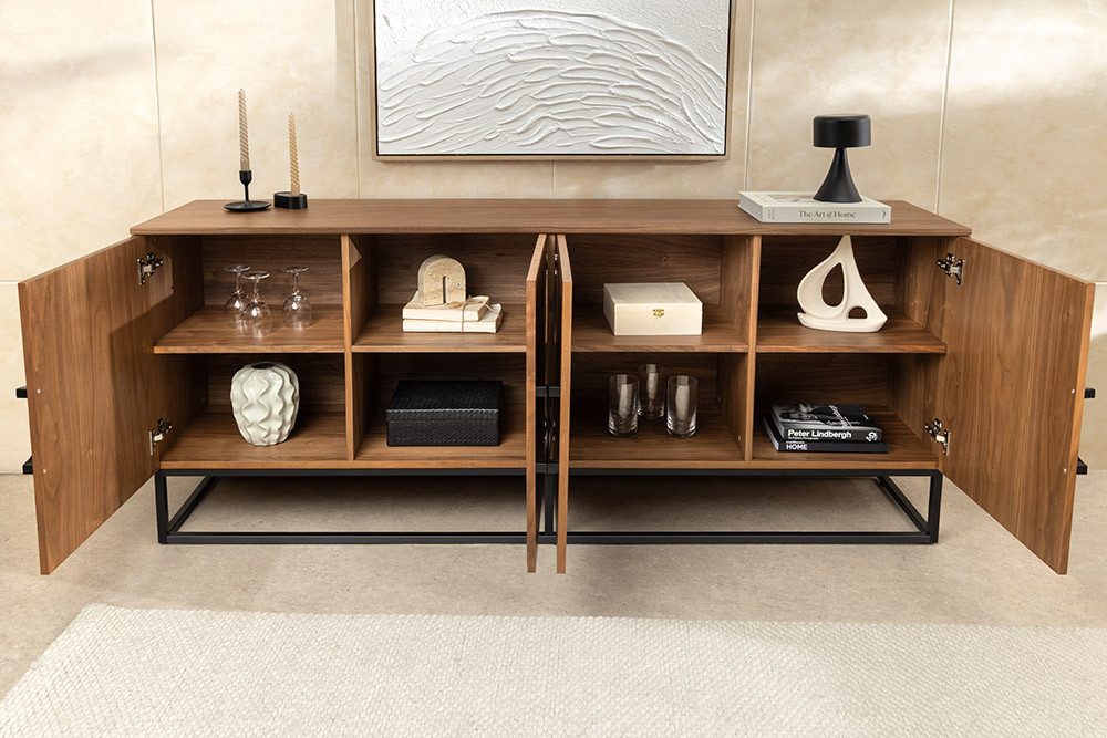 riess-ambiente Sideboard GRANDEZZA 180cm natur schwarz – Walnuss, Metall, Industrial, Furnier (Einzelartikel, 1 St), große Kommode mit Türen & Fächern – ideal für Wohnzimmer im Loftstil