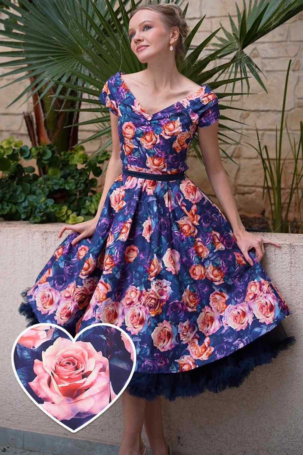 Dolly and Dotty A-Linien-Kleid Lily Purple Rose Garden Off-Shoulder Vintage günstig online kaufen