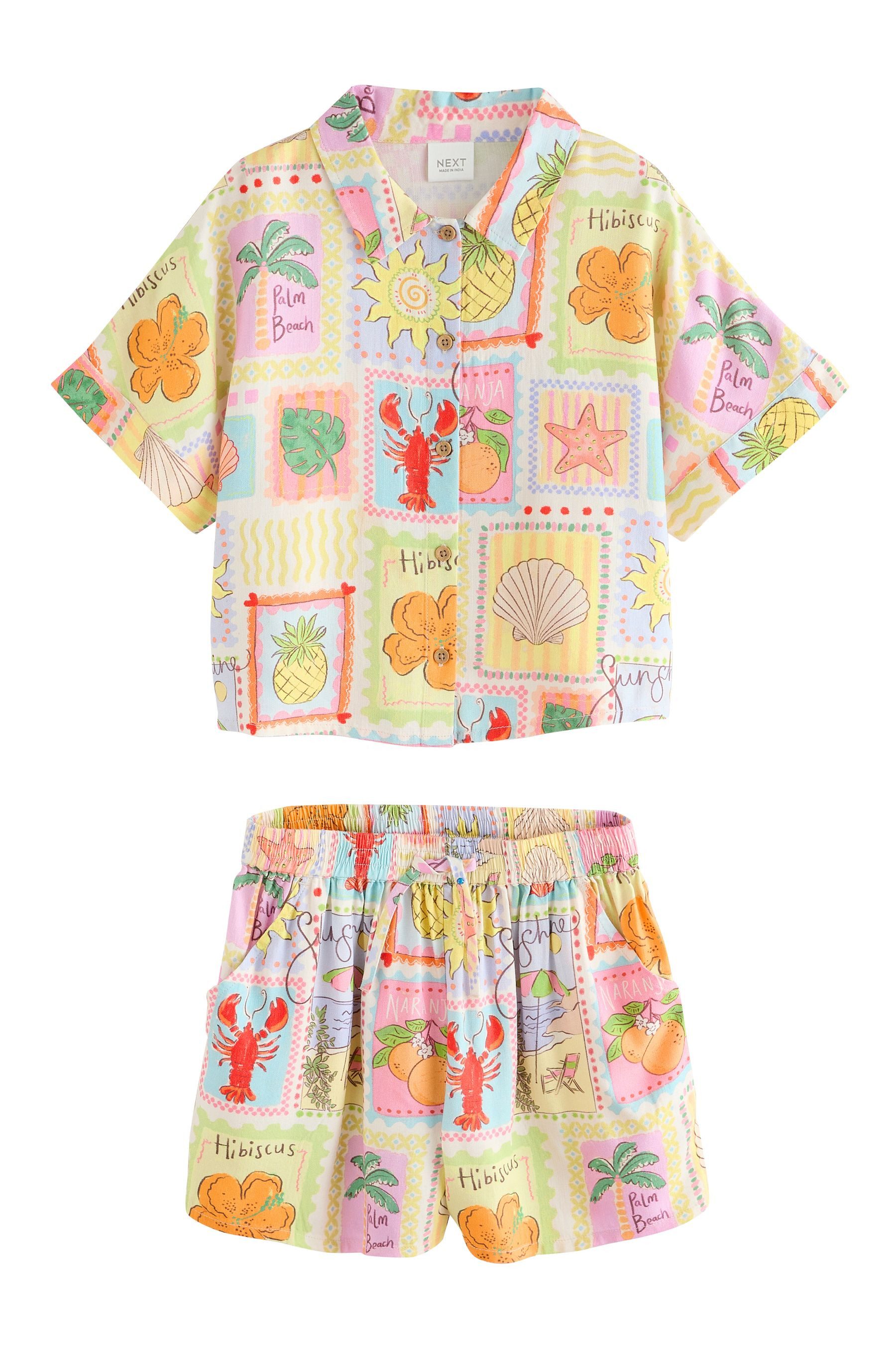 Shirt & Shorts Hemd mit Postkarten-Print und Shorts im Set