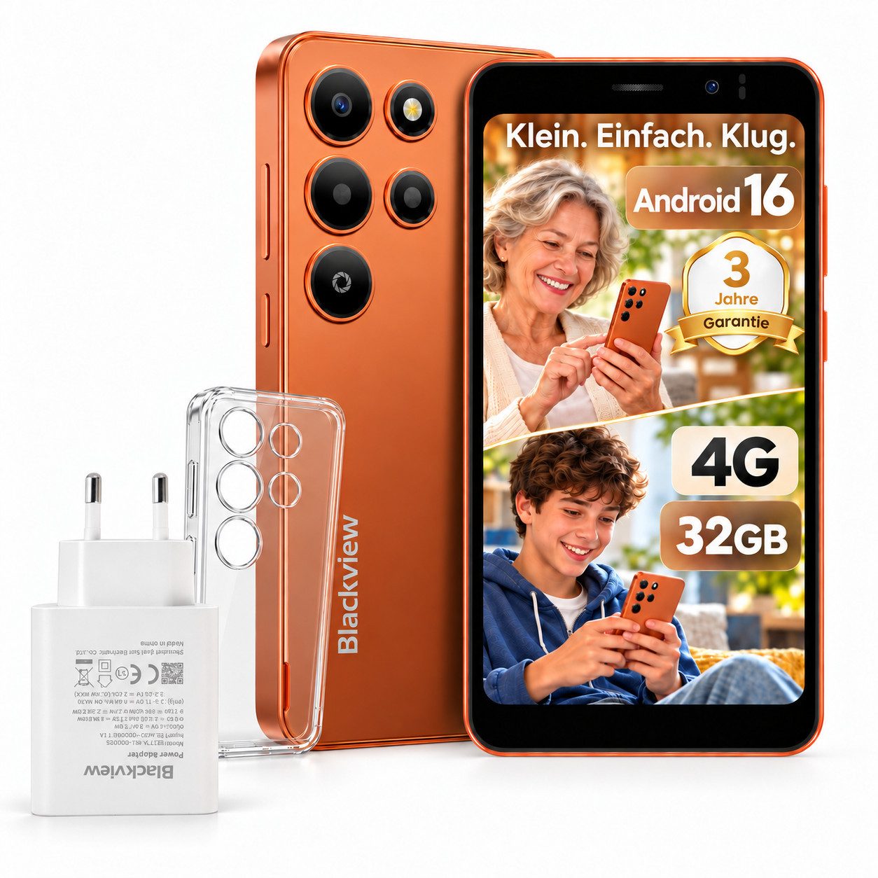 blackview WAVE2C 5‘’ Handy ohne Vertrag, Android 16, 32GB, mit 45W Charger/Hülle Smartphone (5 Zoll, 32 GB Speicherplatz, 4G Dual SIM, Face ID, 1080P-Video, Google Lens, mit Ladegerät)