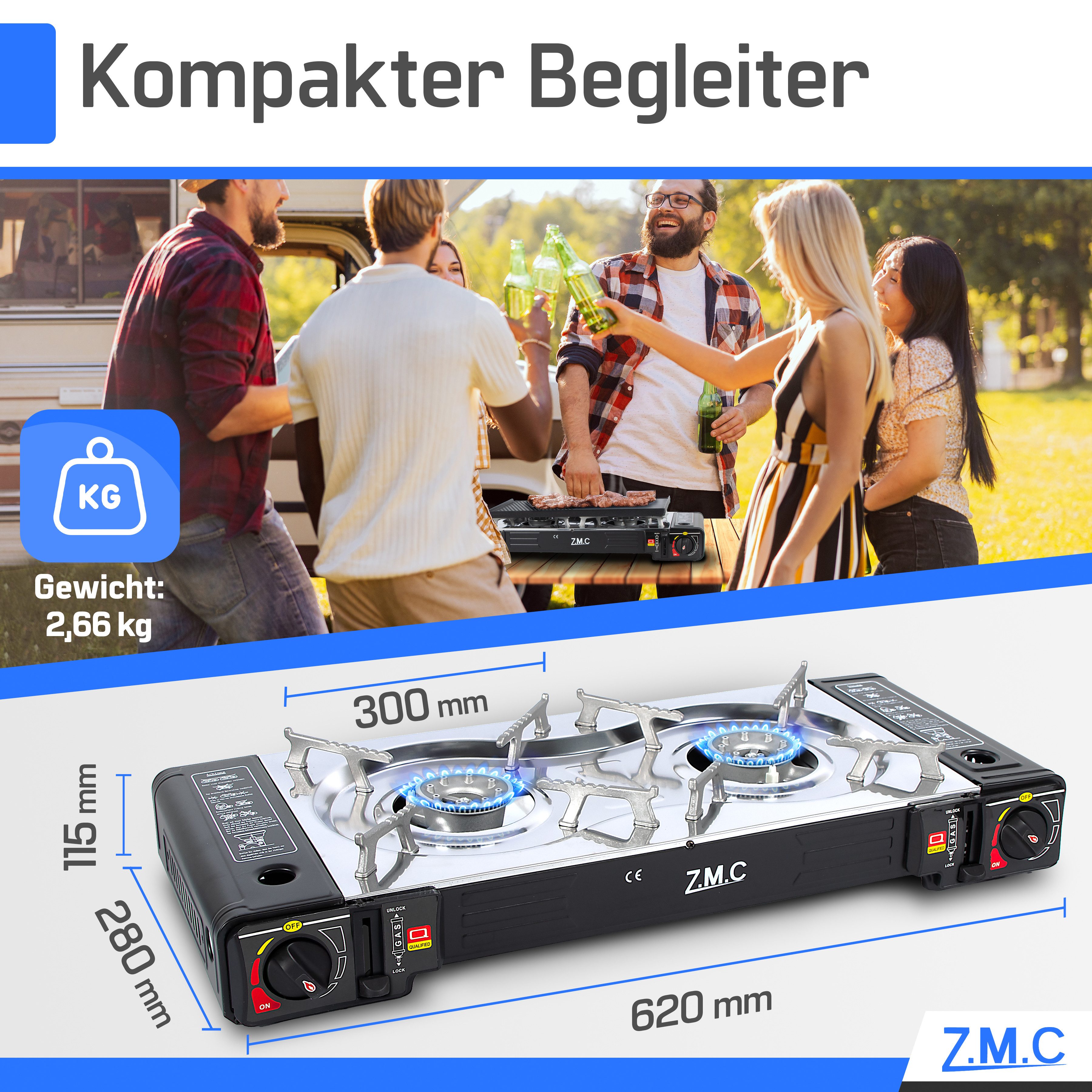 ZMC Gaskocher Doppel Kartuschenkocher Gaskocher 2 Flammig + 16x Gaskartuschen 227g, (MSF-1a automatische Piezo-Zündung (elektrisch) Herd Butangas), Outdoor Gas Campingkocher 2Fach Gasherd Ofen Butan Kochfeld Gas Kocher