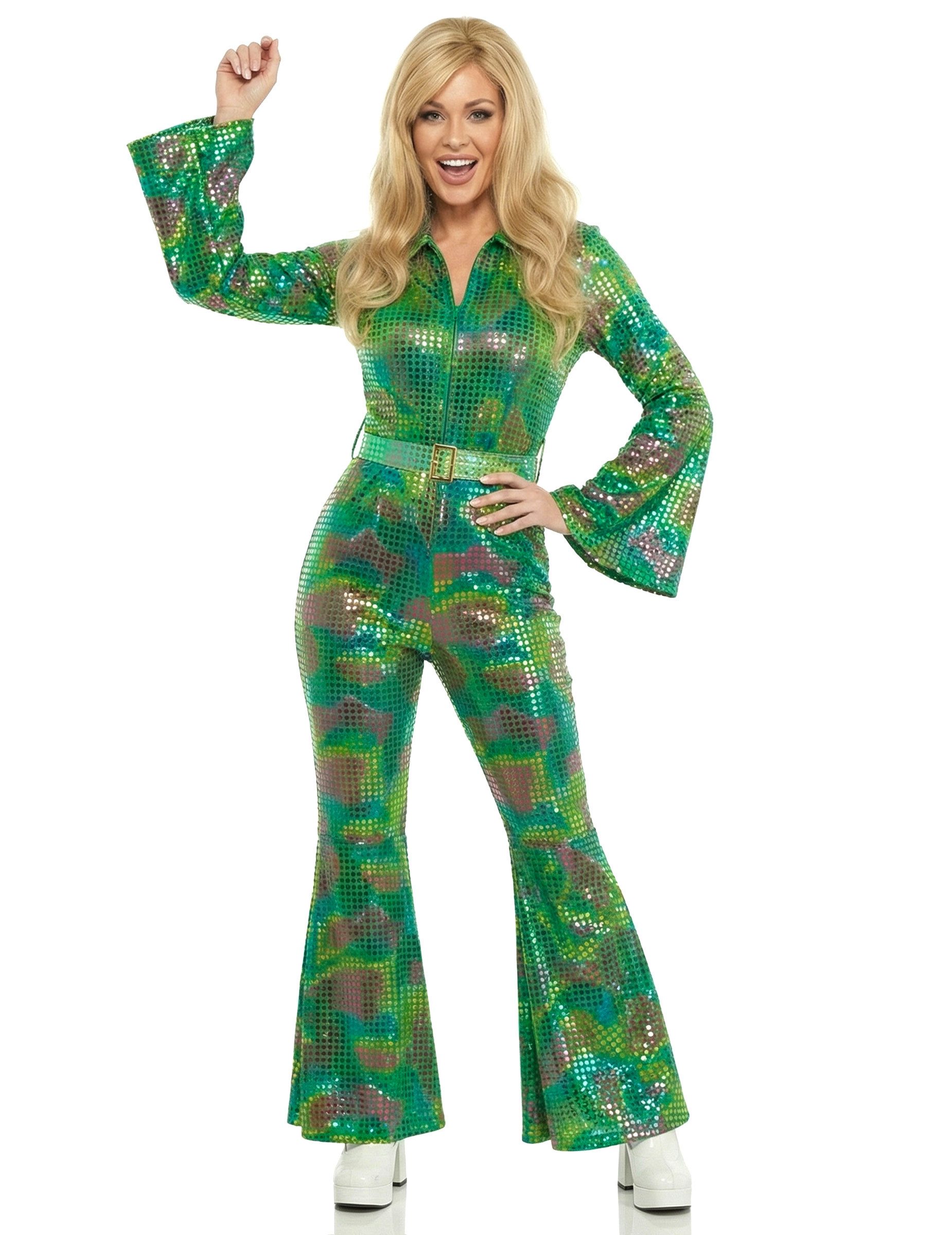 thetru Kostüm Disco Jumpsuit Damen Grün Damen-Overall grün, 70er Jahre