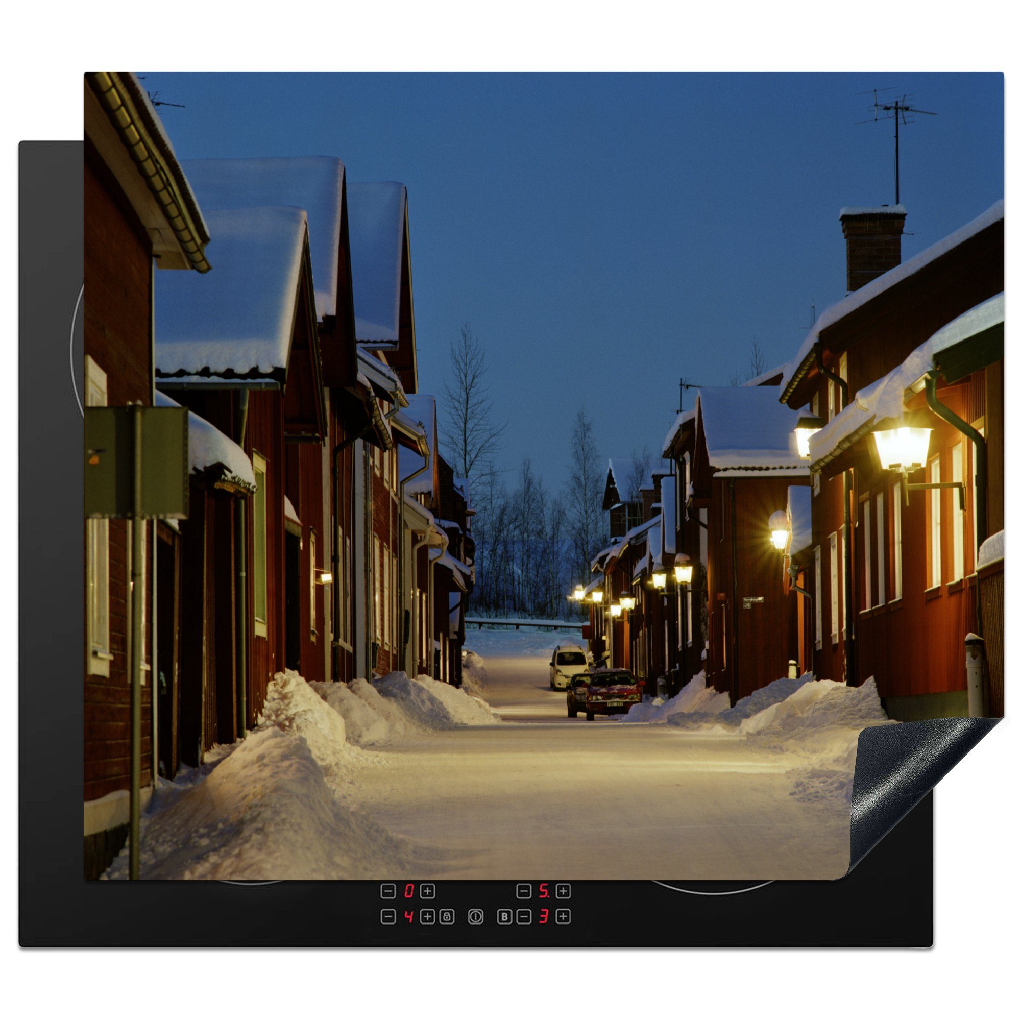 MuchoWow Herdblende-/Abdeckplatte Hütten in einer Winternacht in Schweden, Vinyl, (1 tlg), 60x52 cm, Mobile Arbeitsfläche nutzbar, Ceranfeldabdeckung