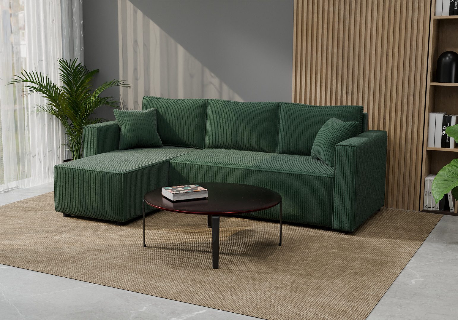 Goldstoff Ecksofa mit Schlaffunktion & Bettkasten, – modernes Sofa klein, Eckcouch, Cordstoff / Cordbezug