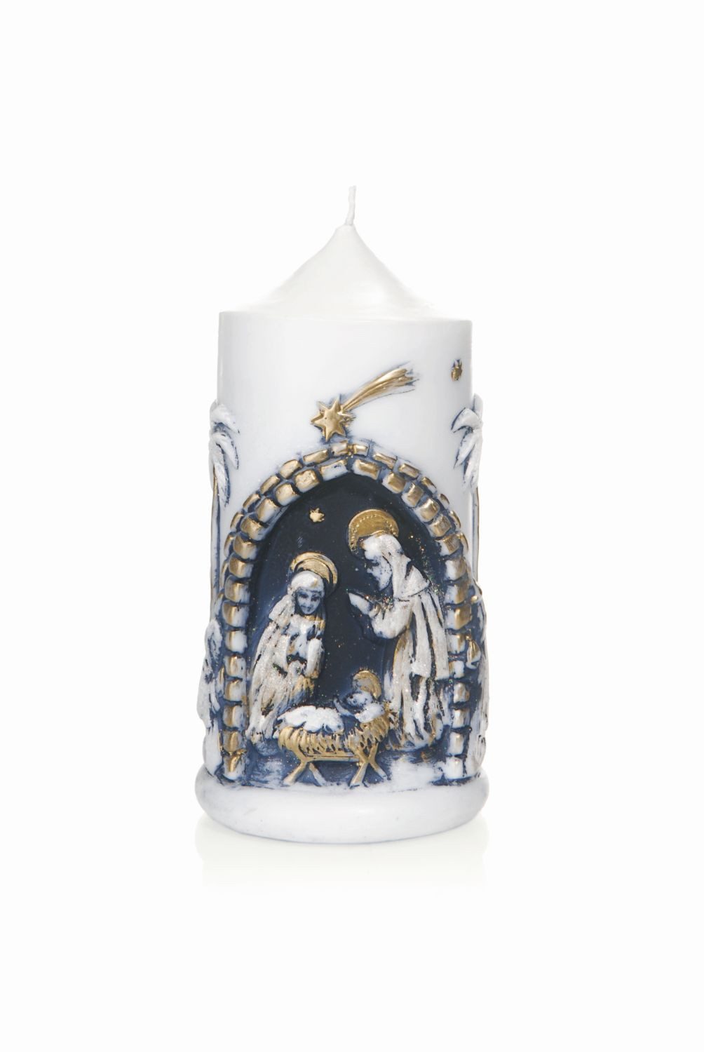 INNA-Glas Adventskerze MEREDITH mit Relief, Heilige Familie, bemalt, weiß-blau, 17,5cm, Ø9cm