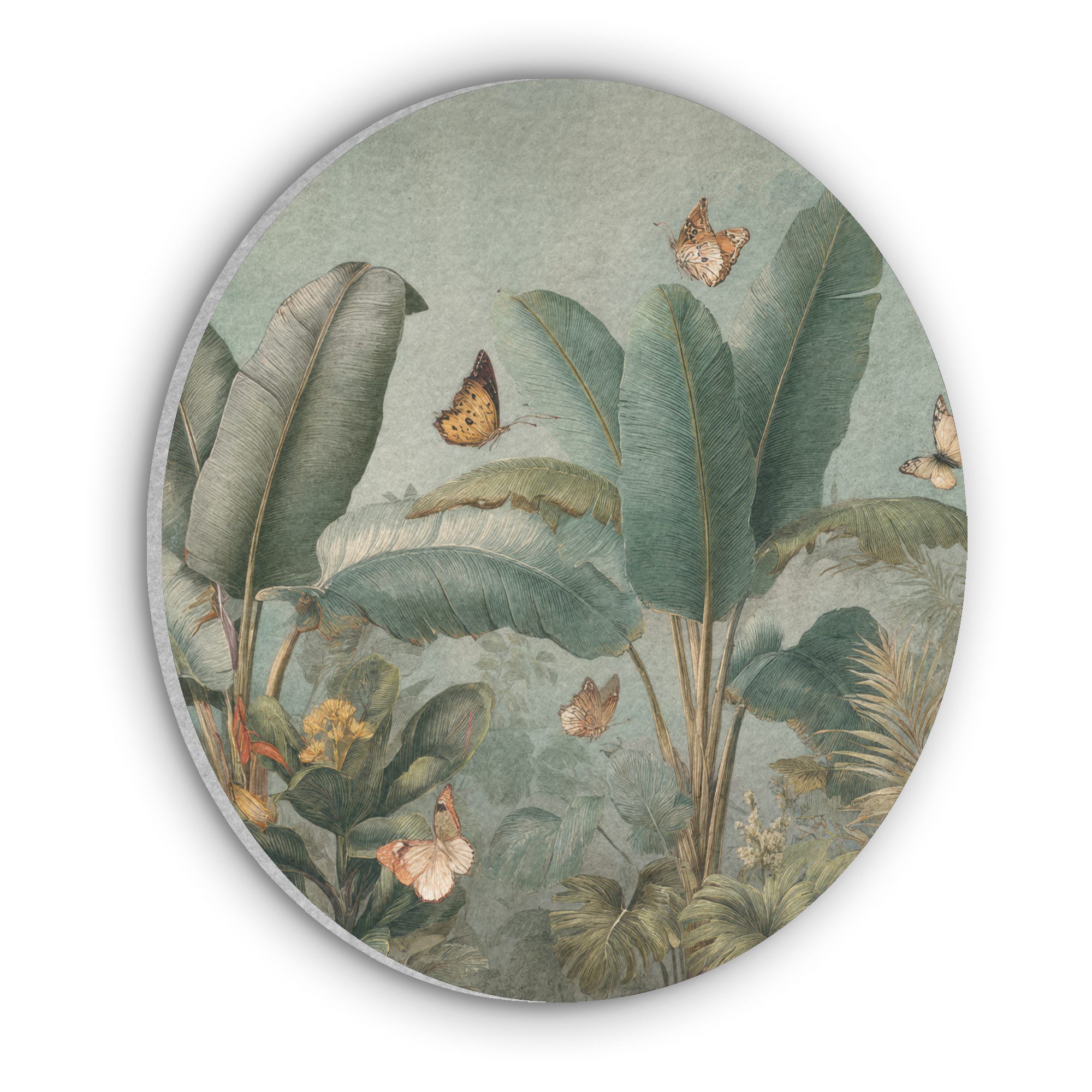 MuchoWow Gemälde Tropisches Blattwerk - Schmetterlinge - grün - braun, Fotodruck (1 St), Akustikpaneele rund, Schalldämmung, Akustikbilder 30x30 cm