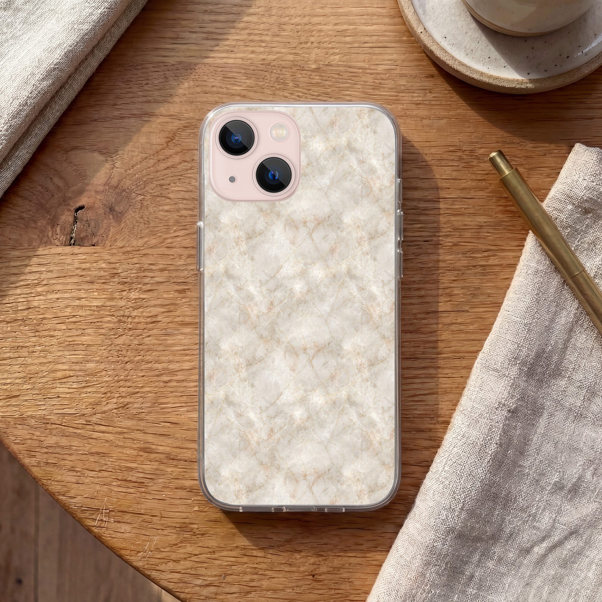 MuchoWow Handyhülle für Apple iPhone 13 Hellbeige - goldbraune Adern - Marmor, Smartphone-Bumper, Print, Handy Schutzhülle Dünn
