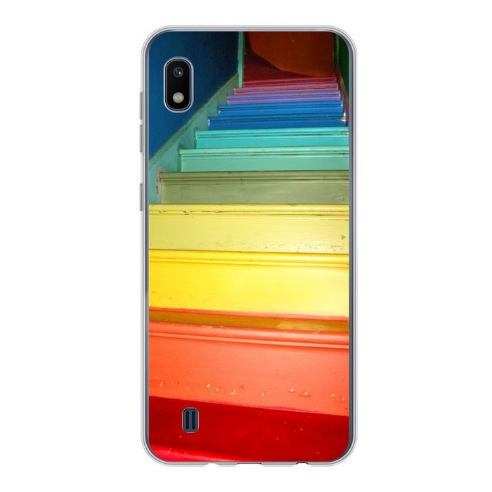 MuchoWow Handyhülle Treppe in den Farben des Regenbogens Handyhülle Samsung Galaxy A10 Smartphone-Bumper Print Handy